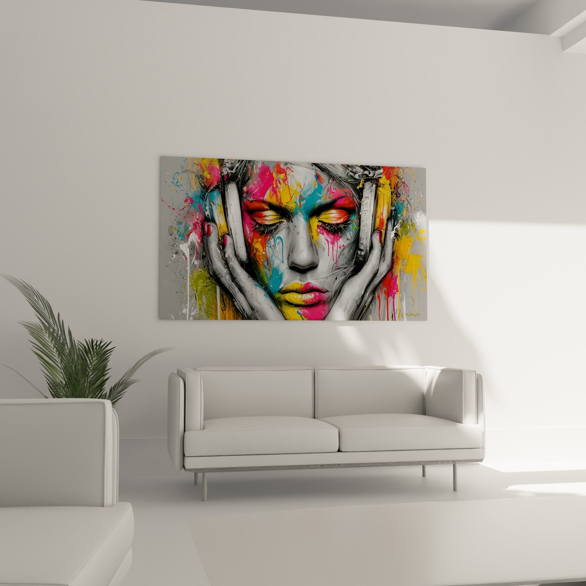 Visage anthracite et turquoise du tableau Musique, mains posées sur les oreilles, au-dessus d'un canapé dans un salon lumineux