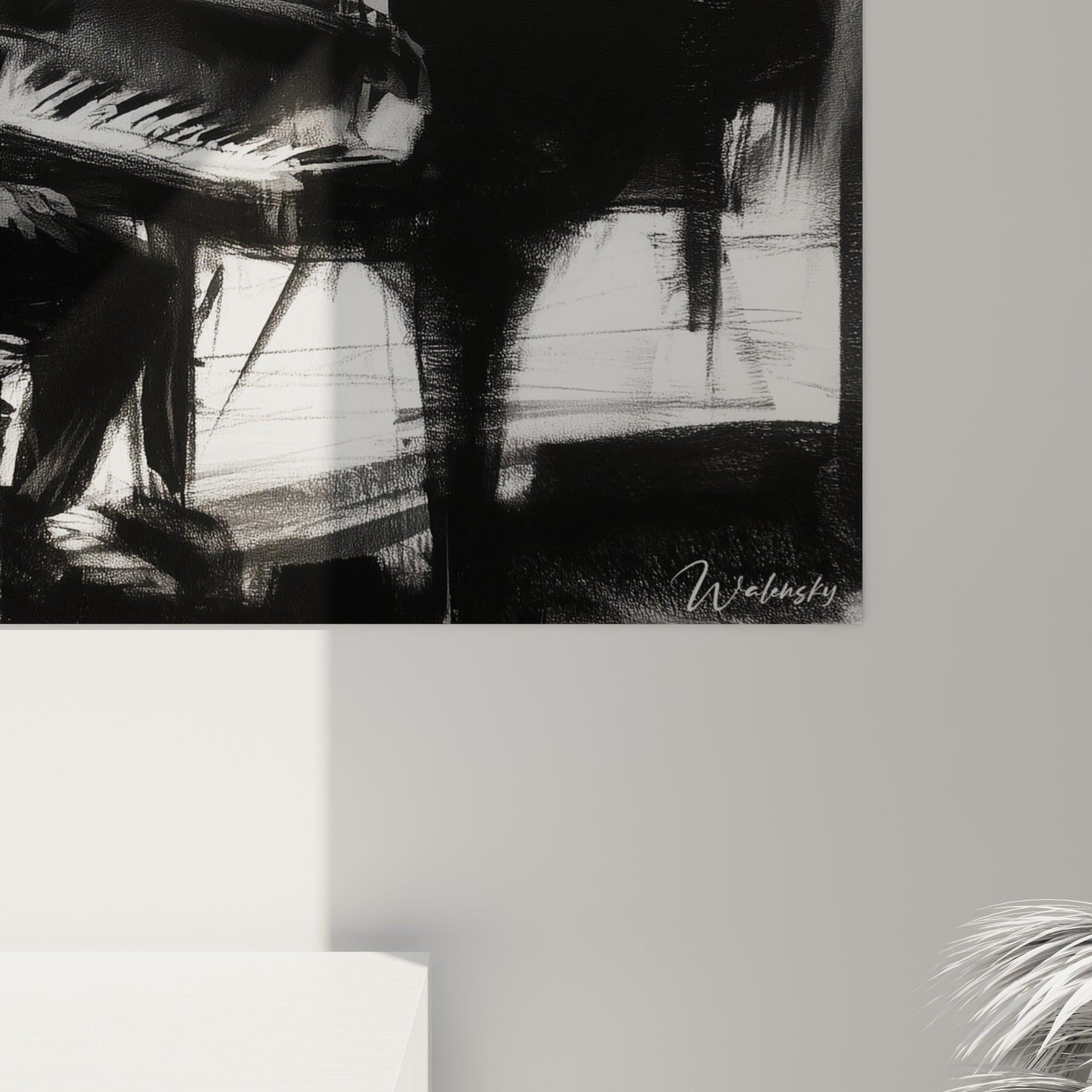 Grain charbonneux des touches blanches et empâtements anthracite sur cette toile de pianiste accrochée au mur