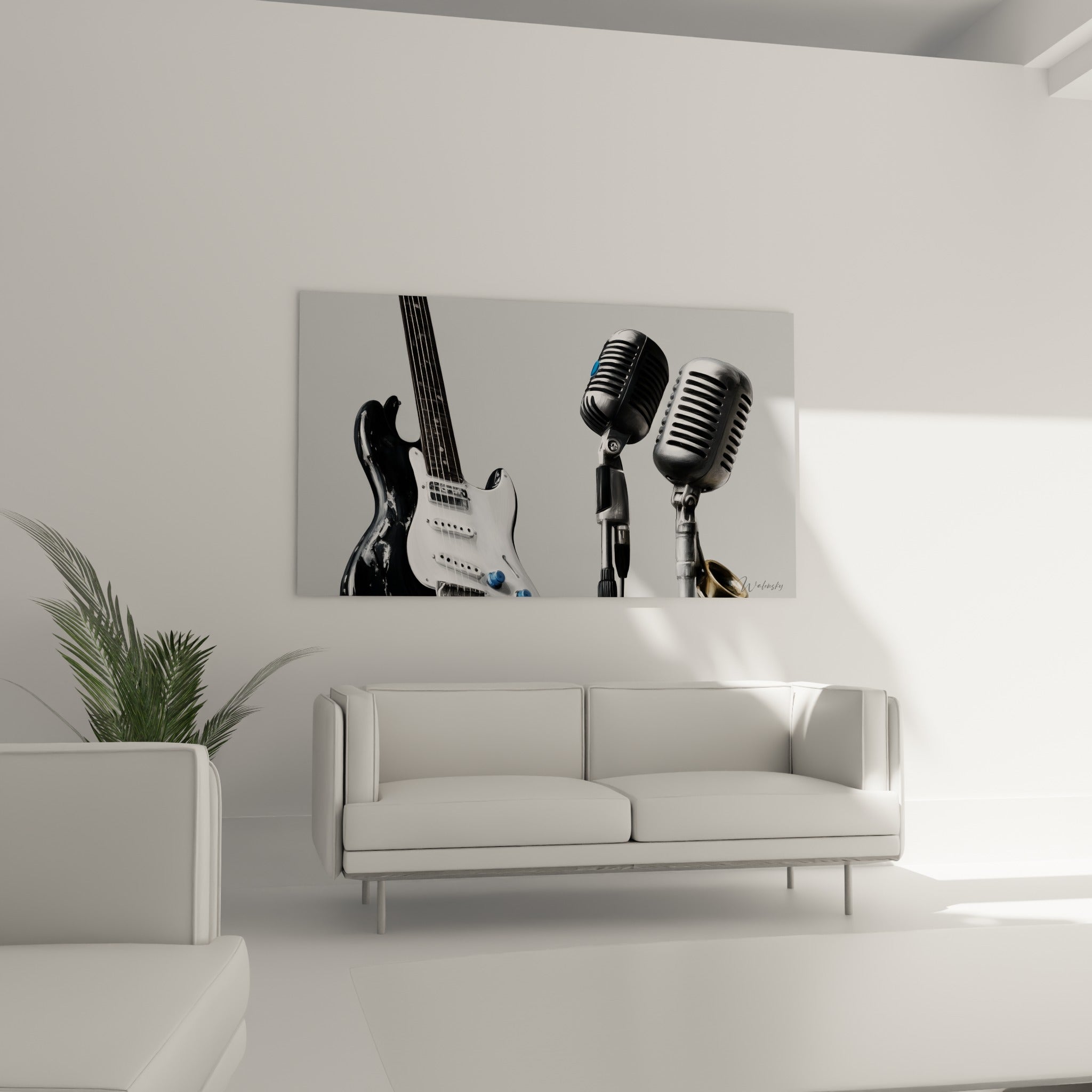 Microphones chromés et guitare noire patinée accrochés au-dessus d'un canapé dans un salon lumineux