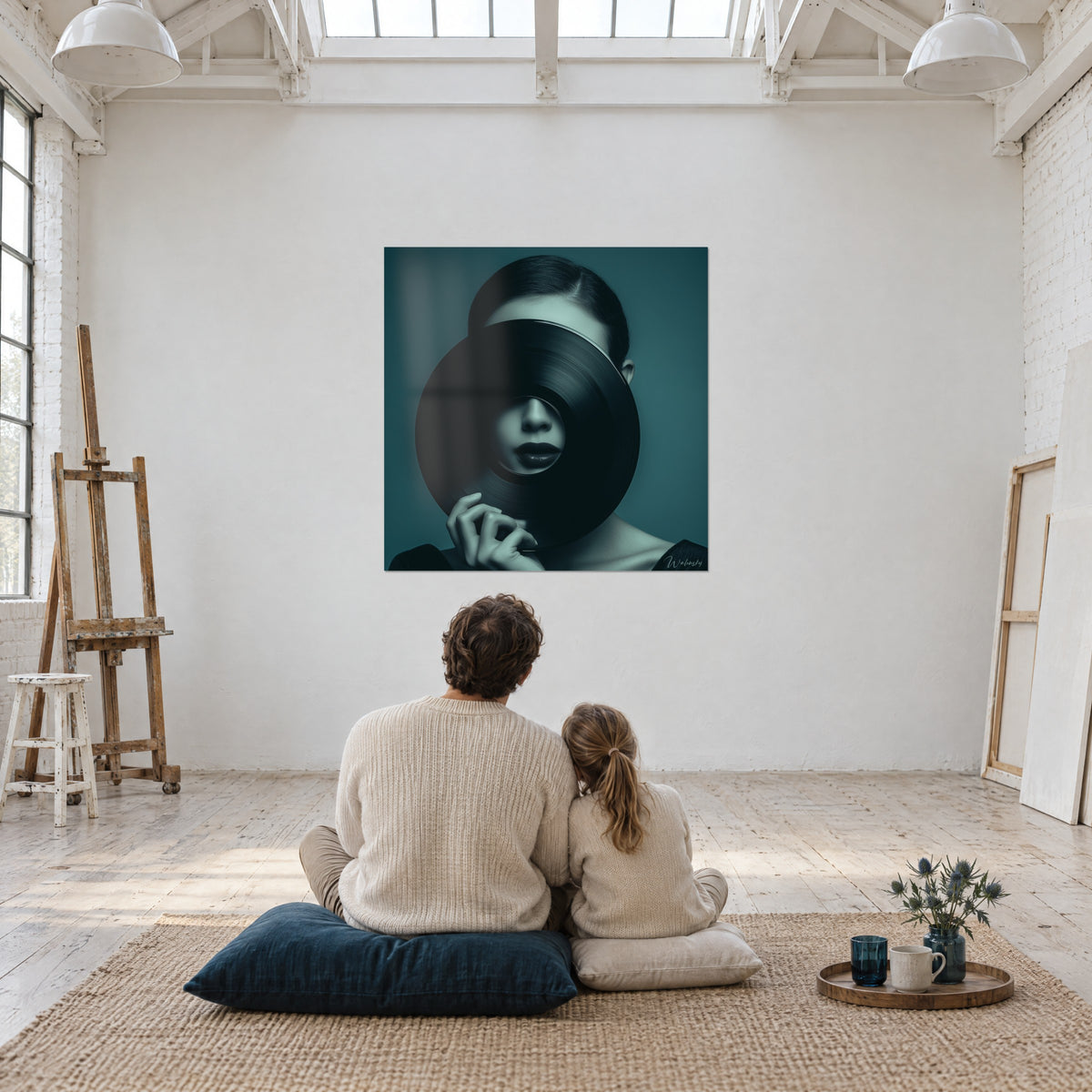 Schilderij Het mysterie van de zwarte vinyl over een vrouwenportret, petrolblauw en lichtgroen, tere handen, witte muur van een kunstenaarsatelier