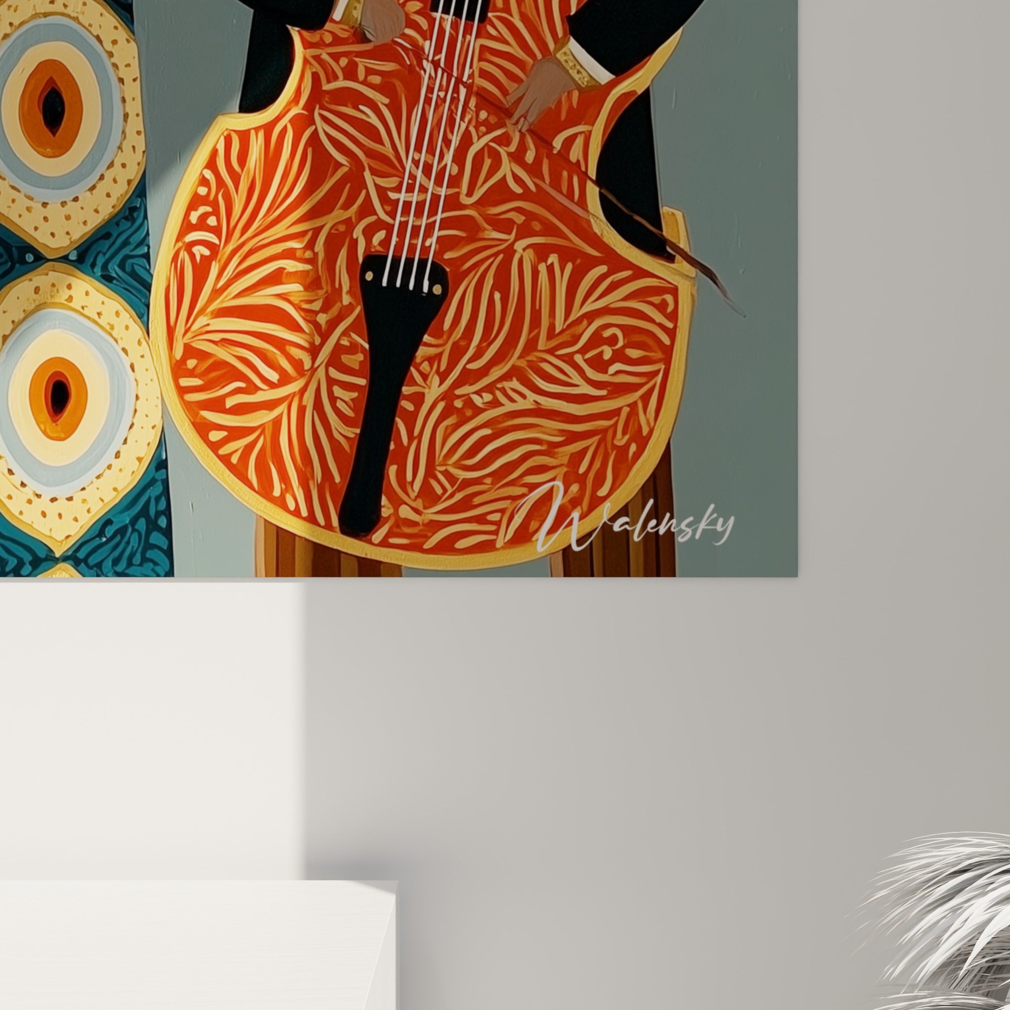 Détail du tableau Musique : motifs en spirale dorés et grain de la toile sur fond bleu ardoise