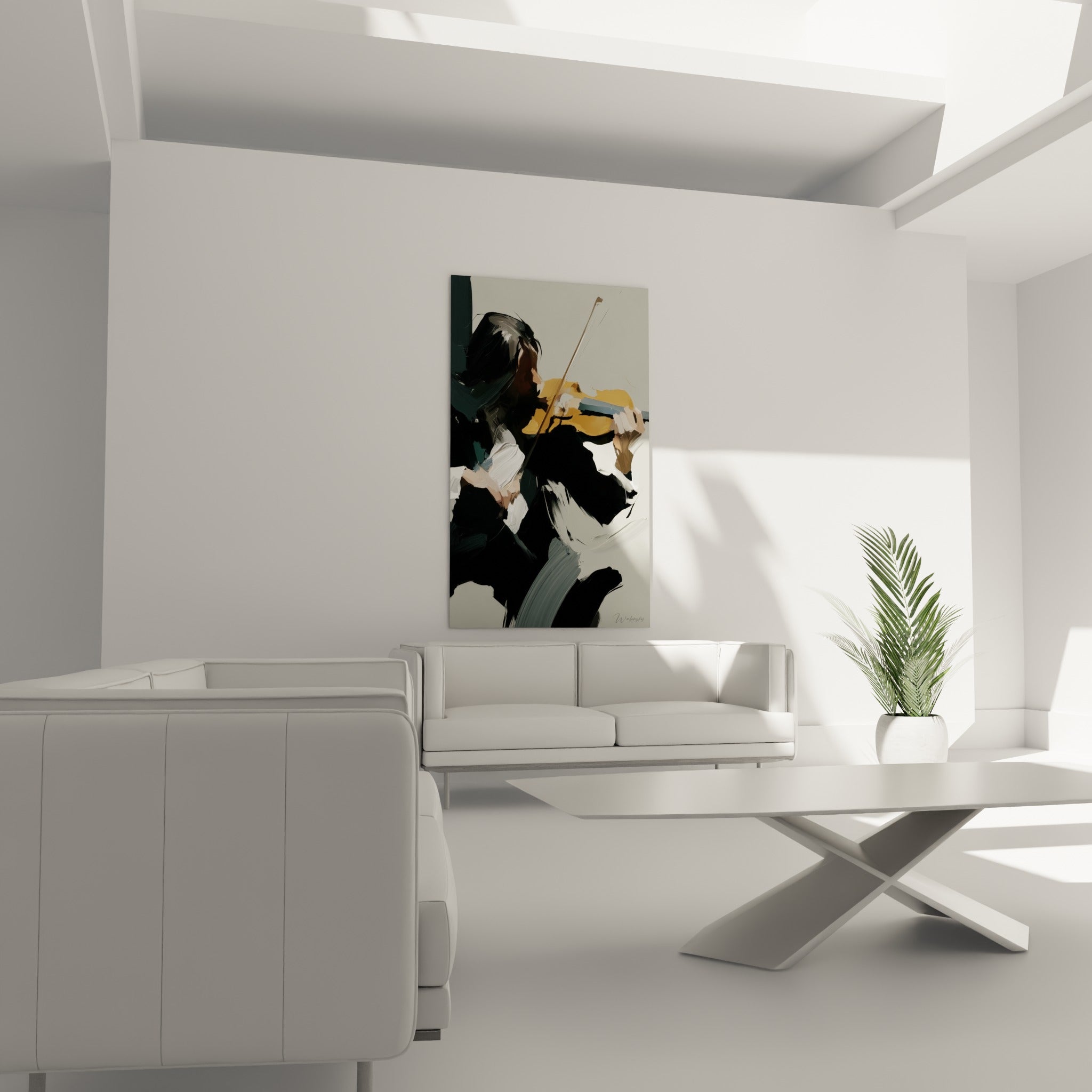 Violoniste en pleine action, tons anthracite et ambrés, au-dessus d'un canapé dans un salon lumineux