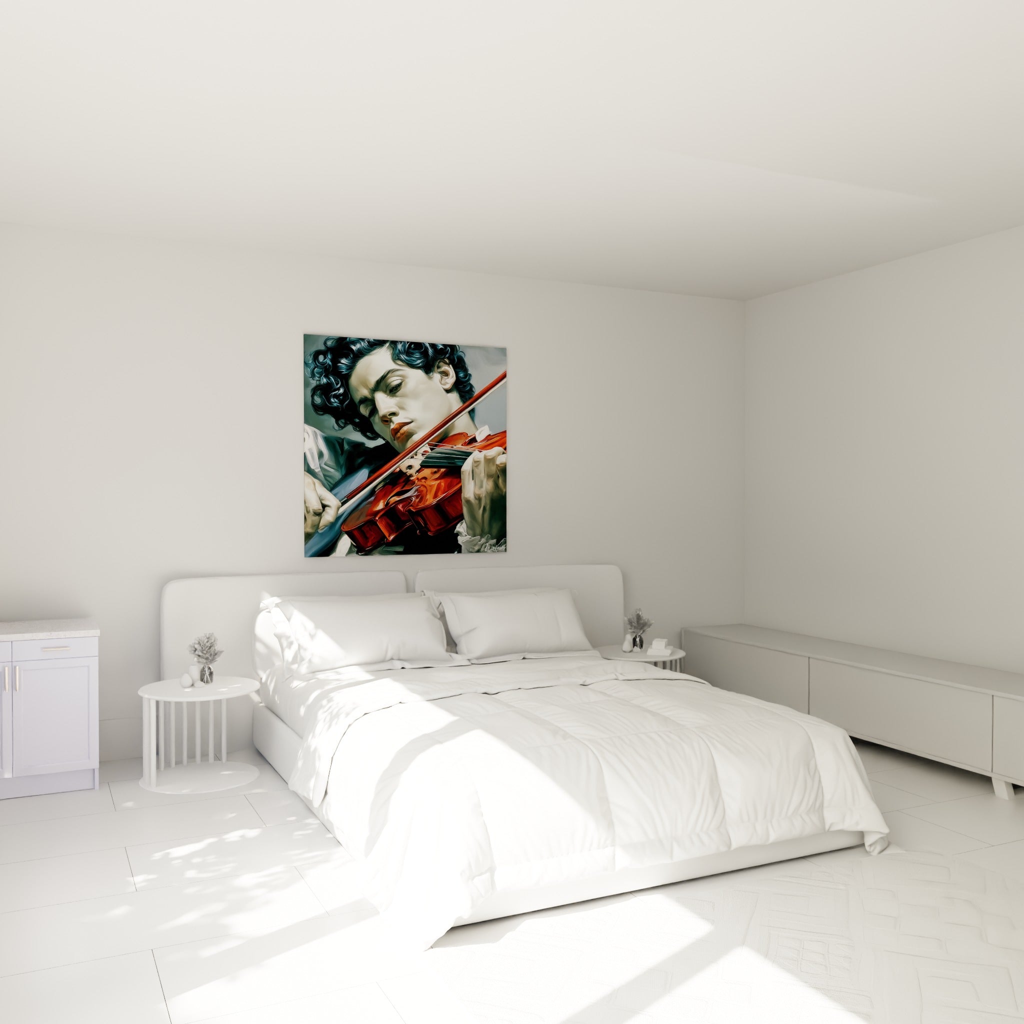 Musicien absorbé par son archet, tons acajou et ivoire, au-dessus d'un lit dans une chambre claire