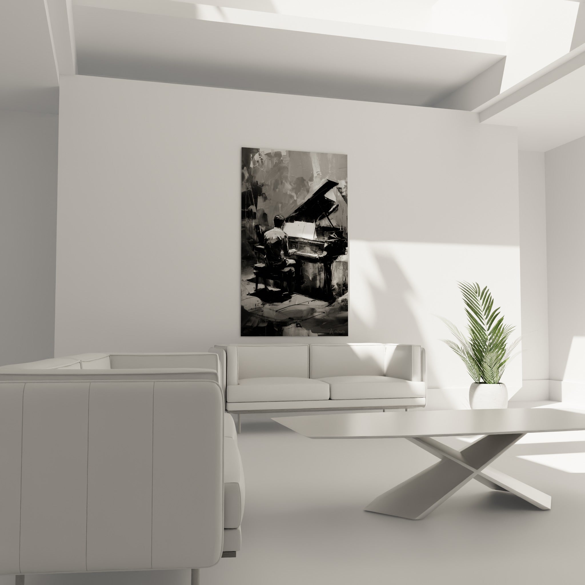 Pianiste solitaire en clair-obscur anthracite et blanc, disposé au-dessus d'un canapé dans un salon lumineux