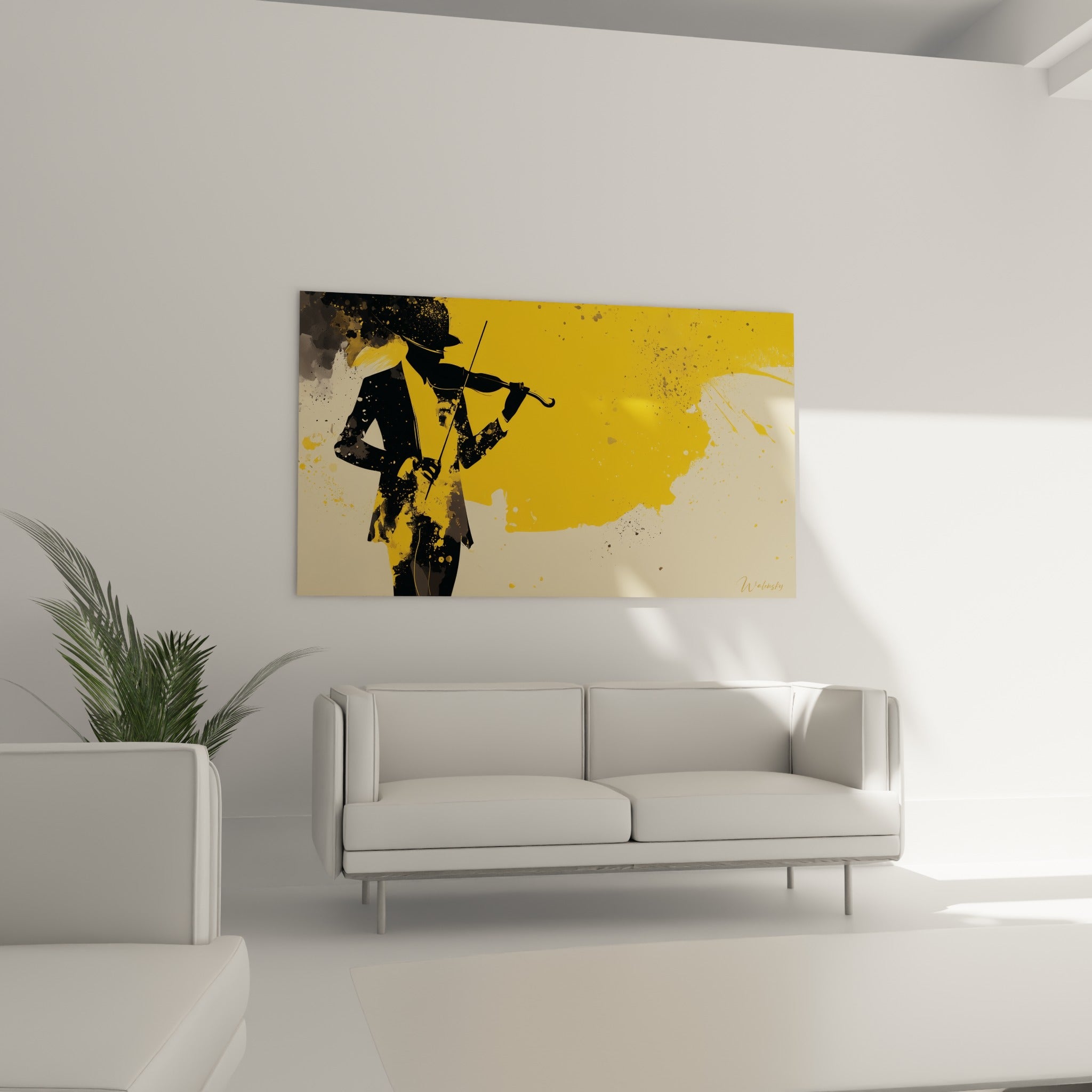 Violoniste concentré en aplats sombres sur fond ocre éclaboussé, tableau Musique au-dessus d'un canapé dans un salon lumineux