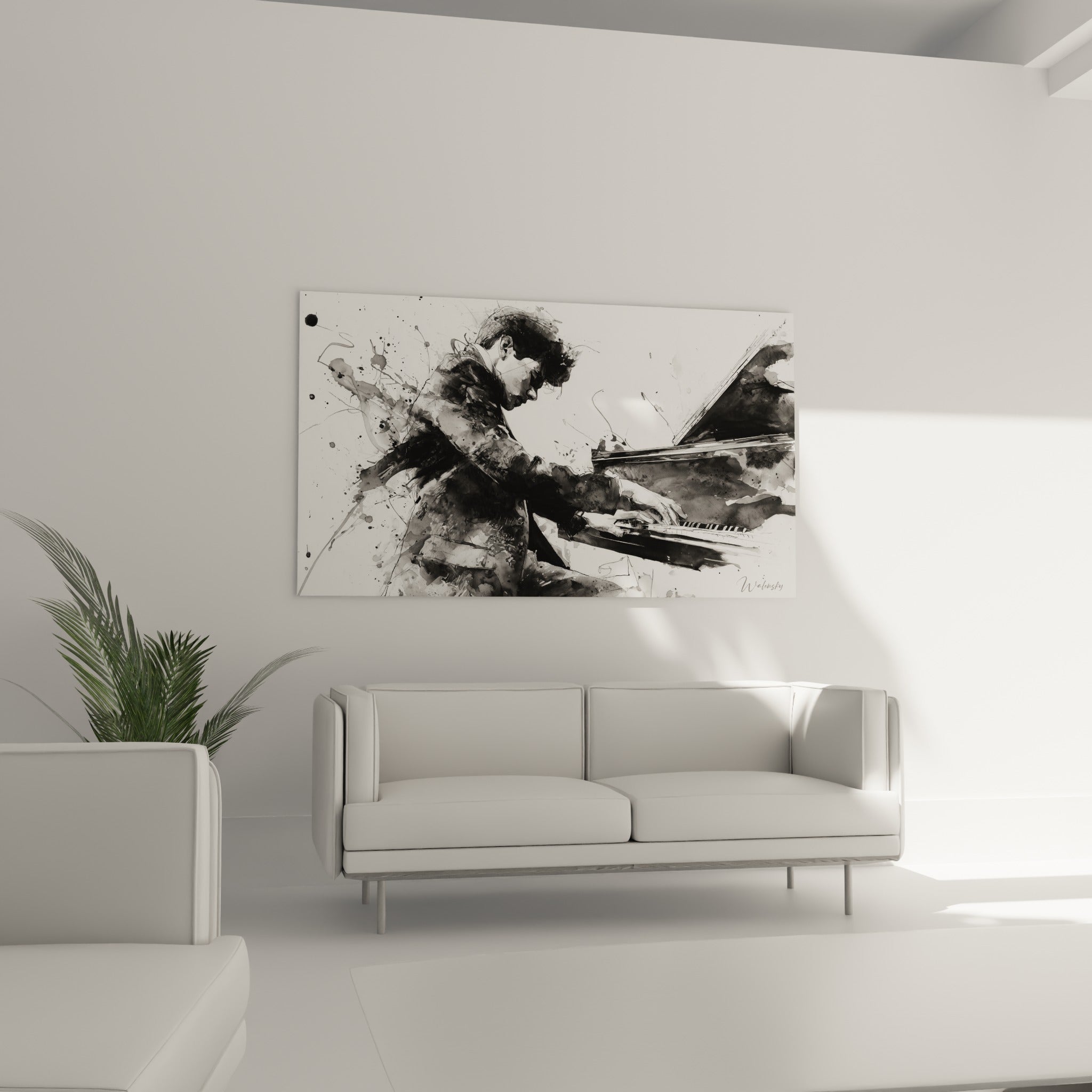 Pianiste absorbé par sa performance, contrastes noir profond et blanc, au-dessus d'un canapé dans un salon lumineux