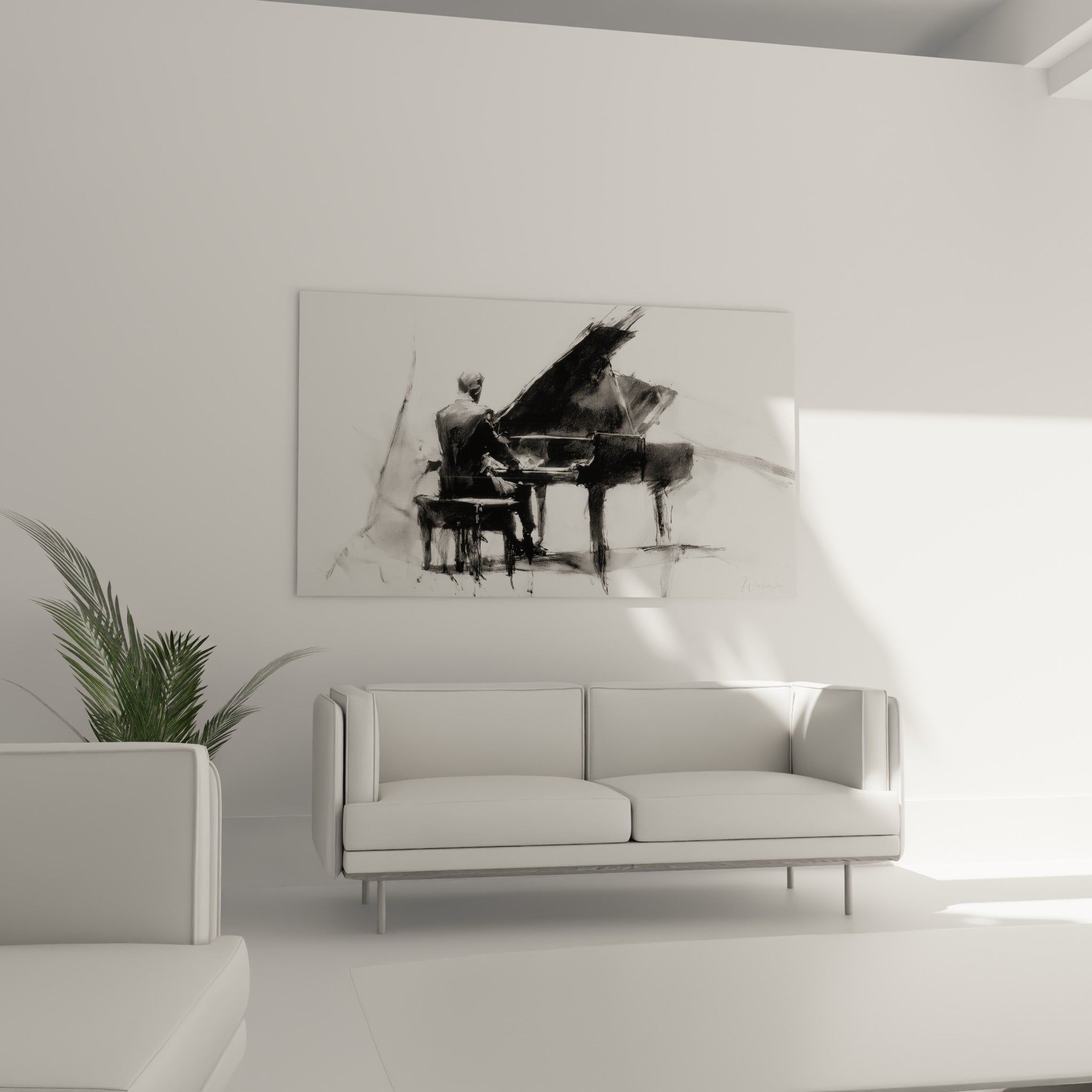 Silhouette du pianiste en noir profond face au clavier, nuances de gris, au-dessus d'un canapé dans un salon lumineux