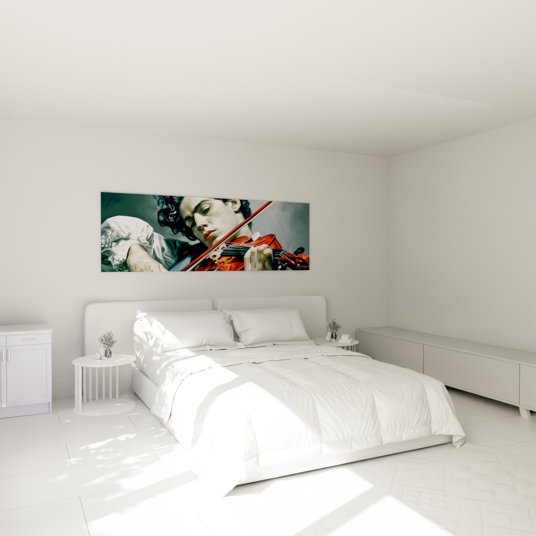 Musicien absorbé par son violon acajou, chemise blanc immaculé, au-dessus d'un lit dans une chambre claire