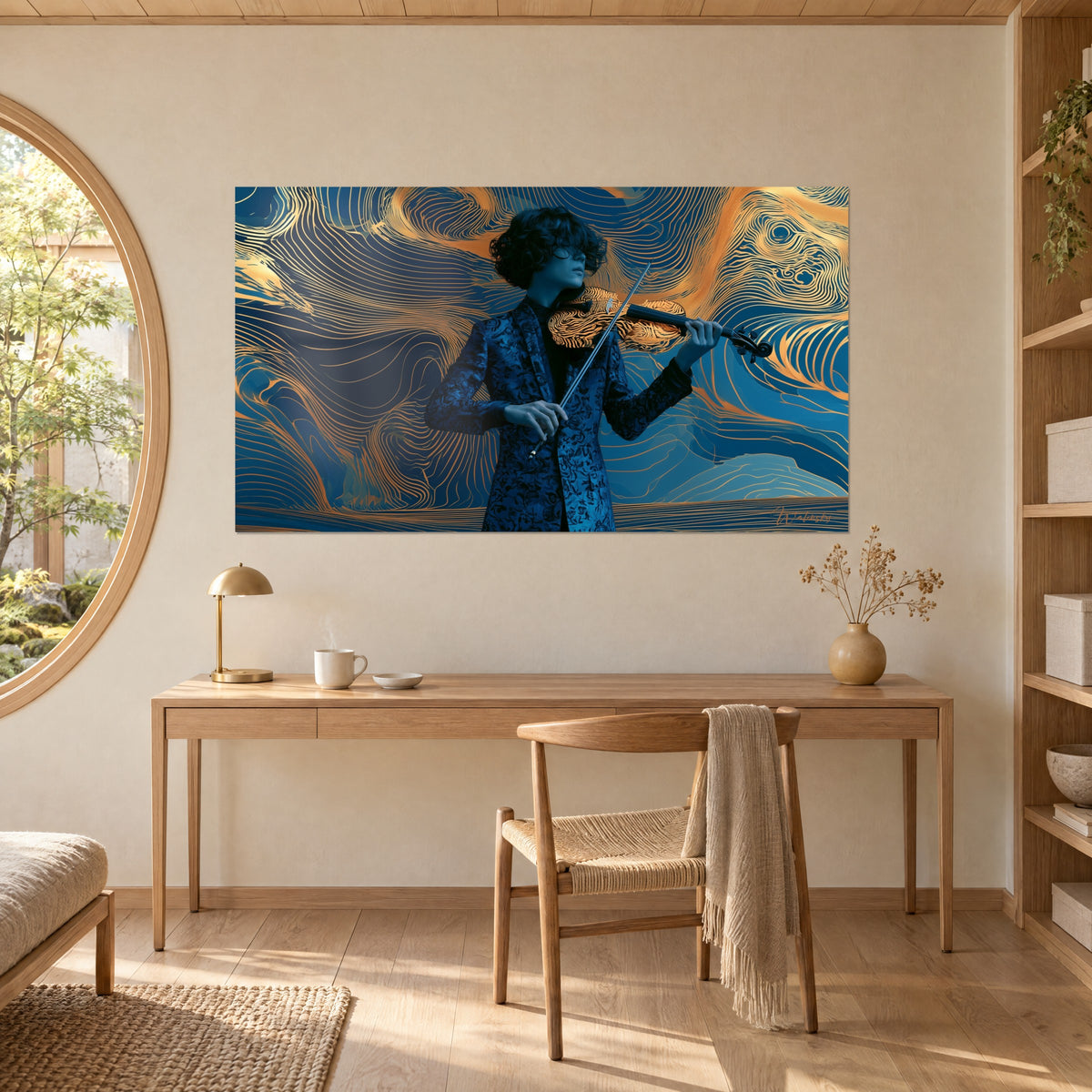 Wall art violin virtuoso in embroidered blazer, deep blue and copper scrolls, above a light wood desk beside a round mirror