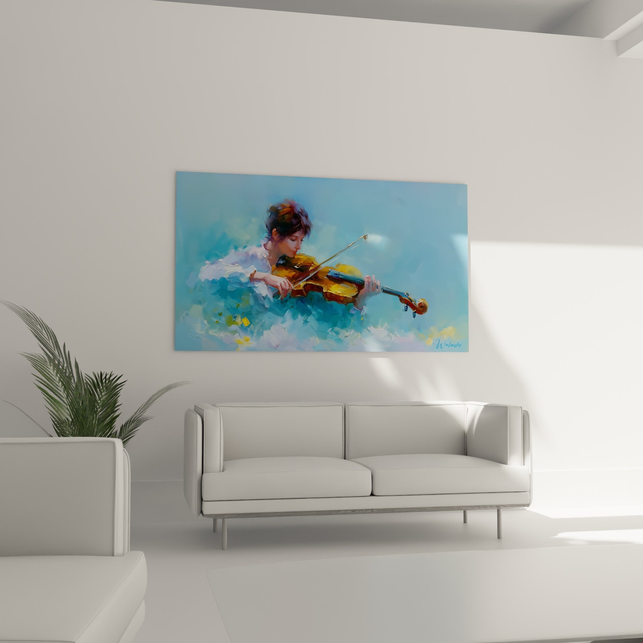 Jeune femme jouant du violon dans des camaïeux bleu turquoise et bruns, au-dessus d'un canapé dans un salon lumineux