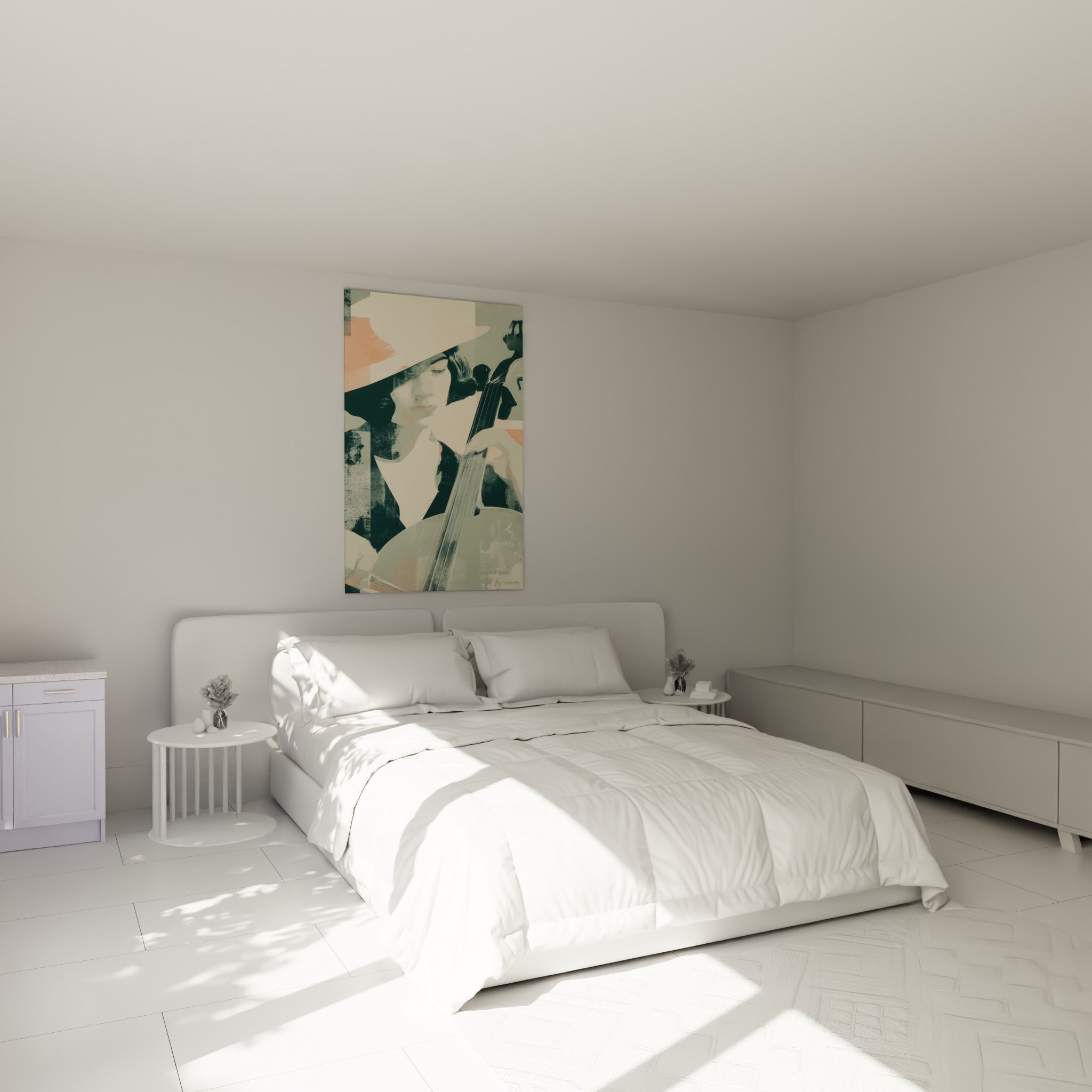 Silhouette de musicienne corail et vert sauge à la contrebasse, au-dessus d'un lit dans une chambre claire