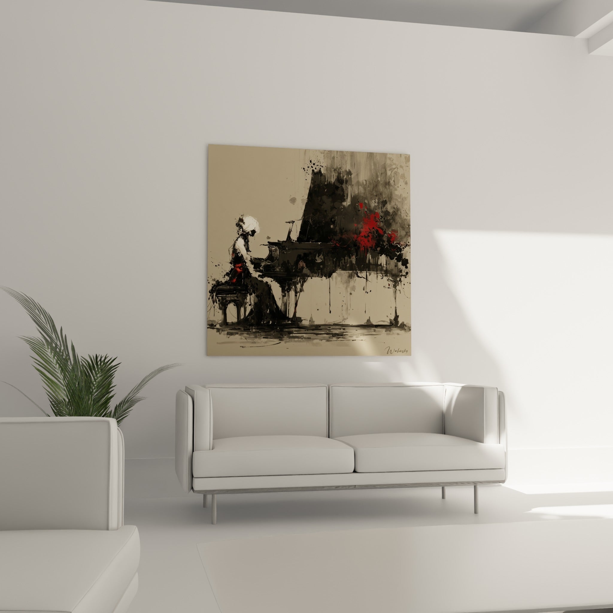 Silhouette penchée sur un piano à queue anthracite, encre rouge éclatée, au-dessus d'un canapé dans un salon lumineux