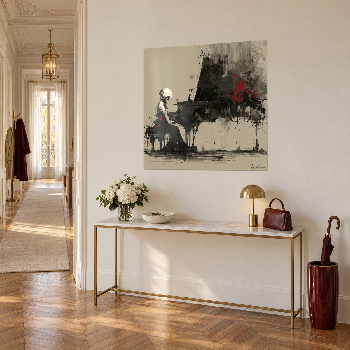 Wall art black ink and carmine stain recital on sandy background, pianist in profile, on a gilded console in a Haussmann entrance hall
