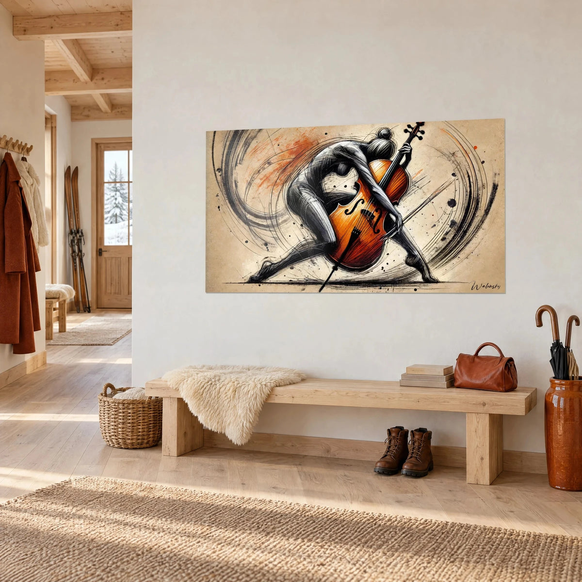 Tableau violoncelliste en fente profonde, corps gris charbon et bois cuivré sur fond sable, accroché dans une entrée en bois clair
