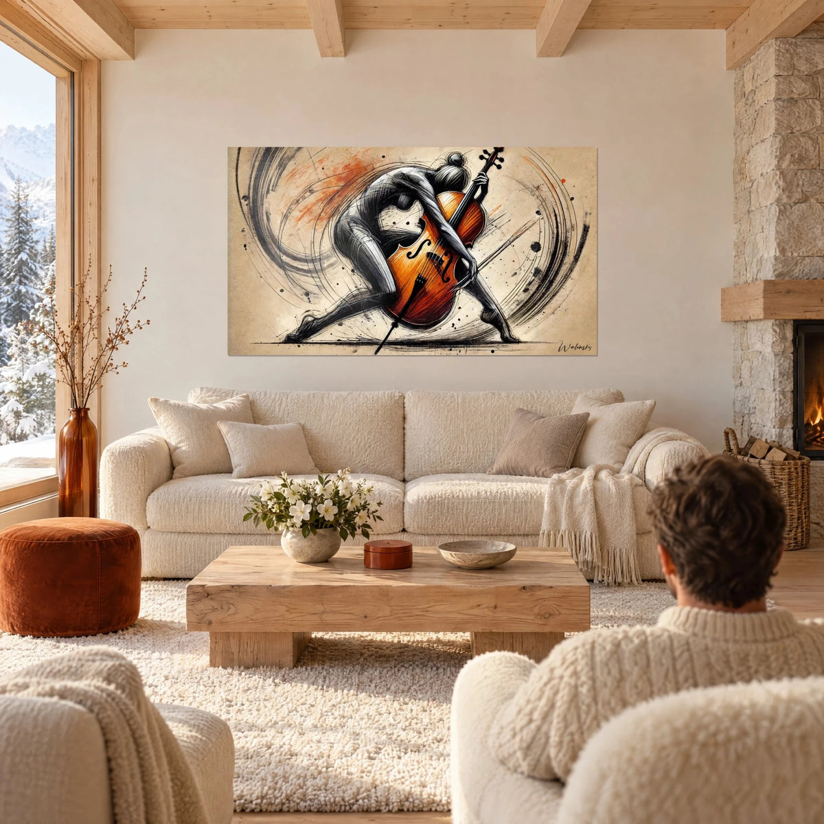 Tableau danseuse penchée sur un violoncelle orangé, traits de fusain noir et éclaboussures rouille, au-dessus d'un canapé dans un salon lumineux
