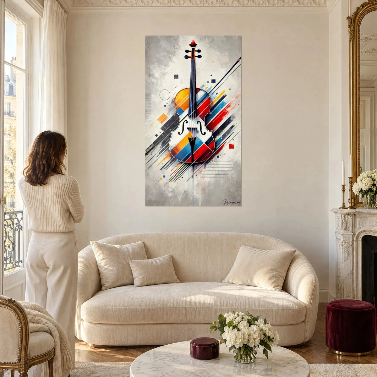 Tableau violon abstrait aux aplats rouge et jaune sur fond gris perle, femme de dos, au-dessus d'un canapé dans un salon lumineux