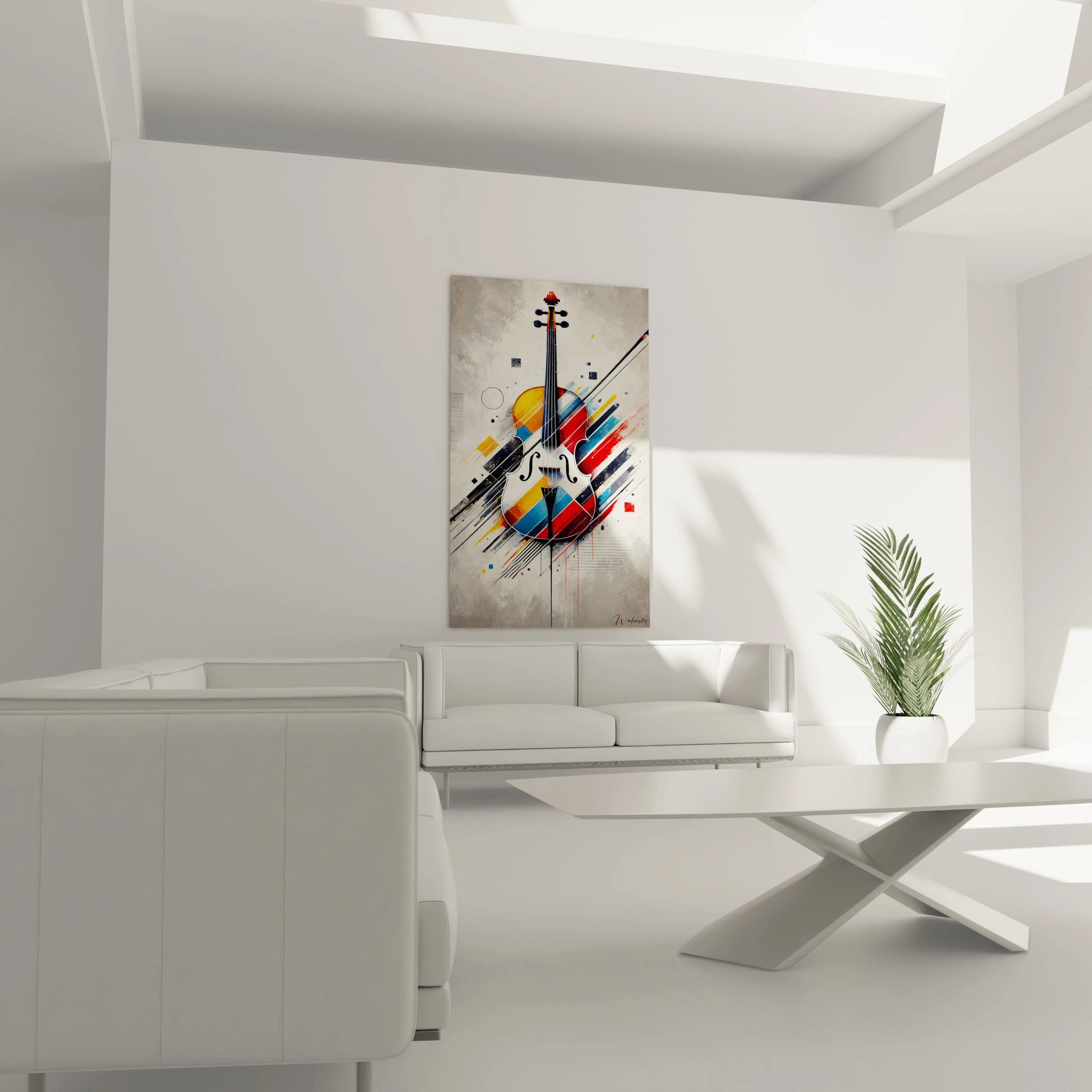 Tableau musique abstrait suspendu dans un salon moderne, ajoutant une touche d’élégance et d’énergie.
