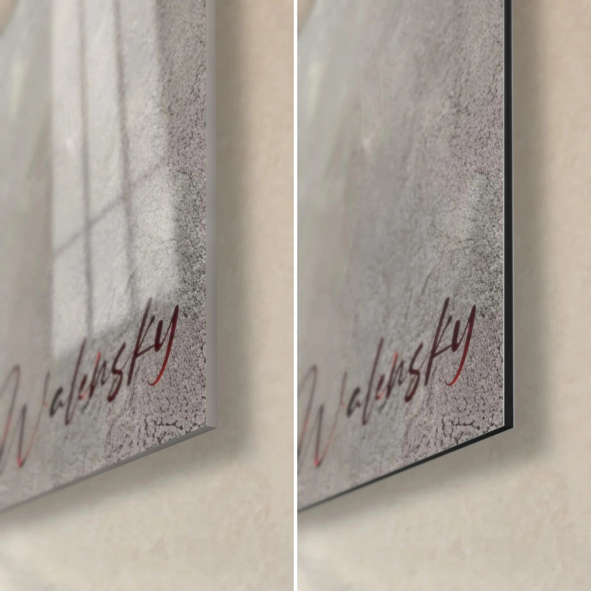 Tableau violon stylisé, coin bas droit : signature Walensky rouge, verre brillant à gauche, Dibond mat à droite, tranche 3 mm