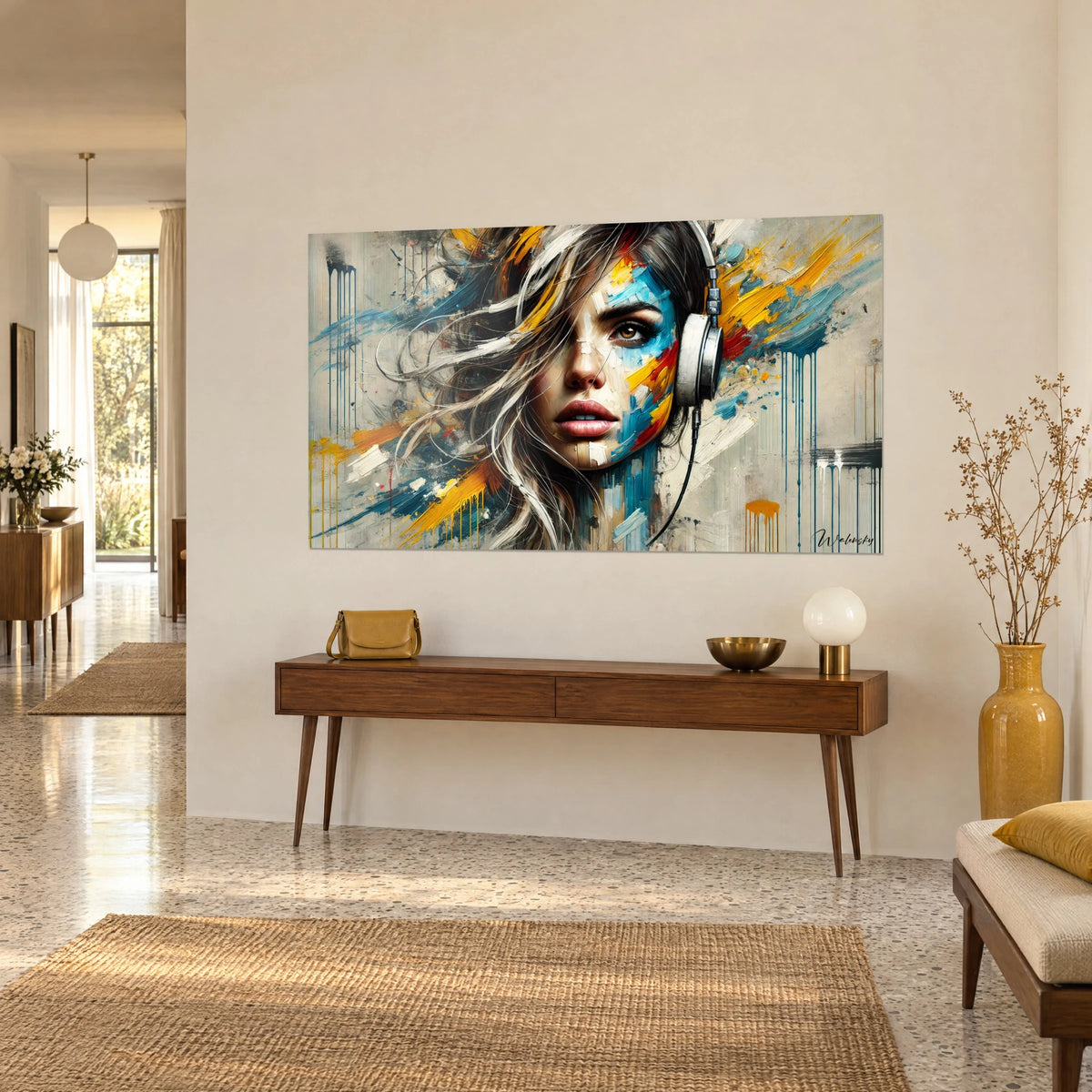 Tableau visage aux lèvres roses sous un casque argenté, éclaboussures ocre et bleu pétrole, vu de trois-quarts sur un mur beige