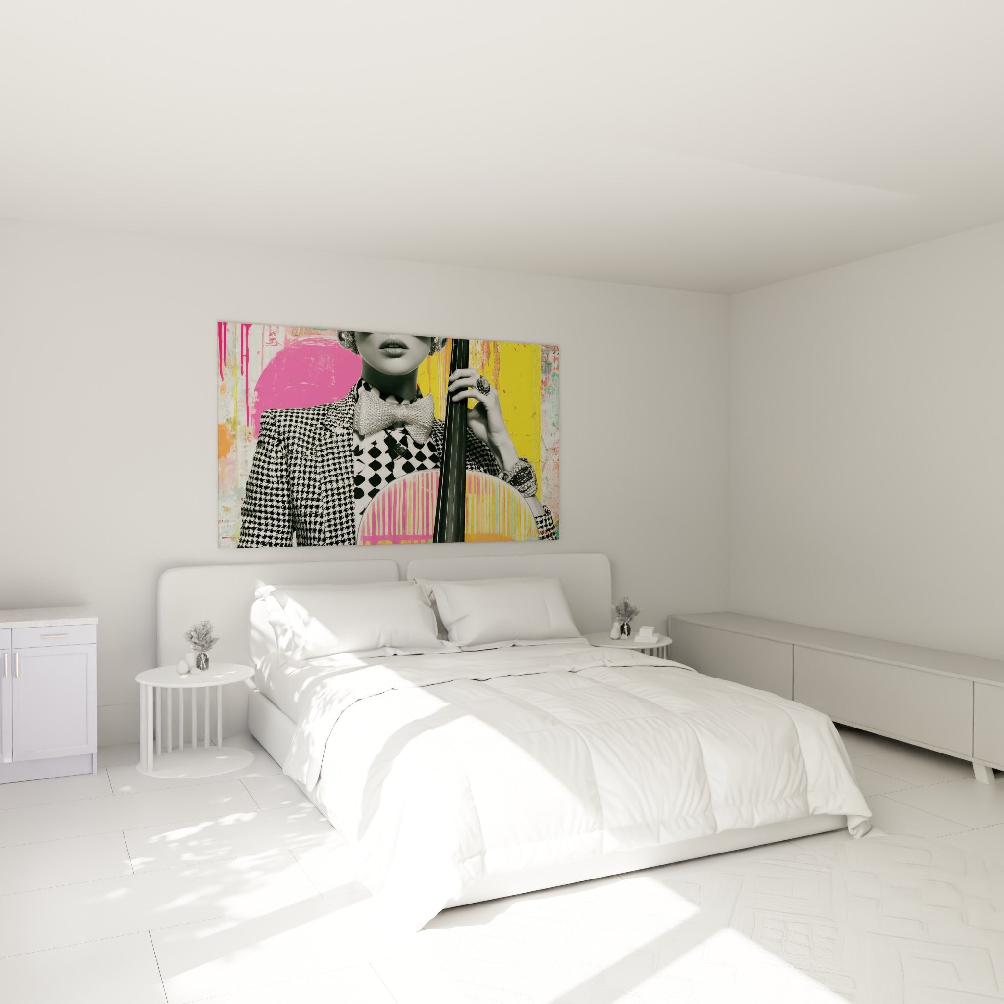 Silhouette au nœud papillon scintillant et contrebasse noire, au-dessus d'un lit dans une chambre claire