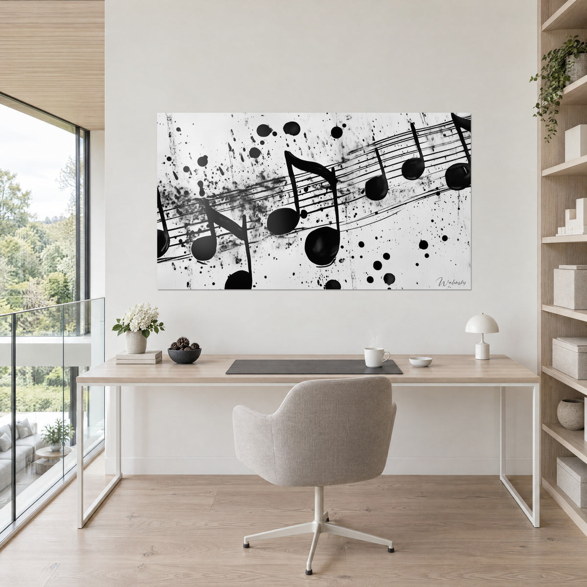 Wall art of musical gesture in Indian ink, black droplets on off-white, facing a light wood desk and a beige armchair
