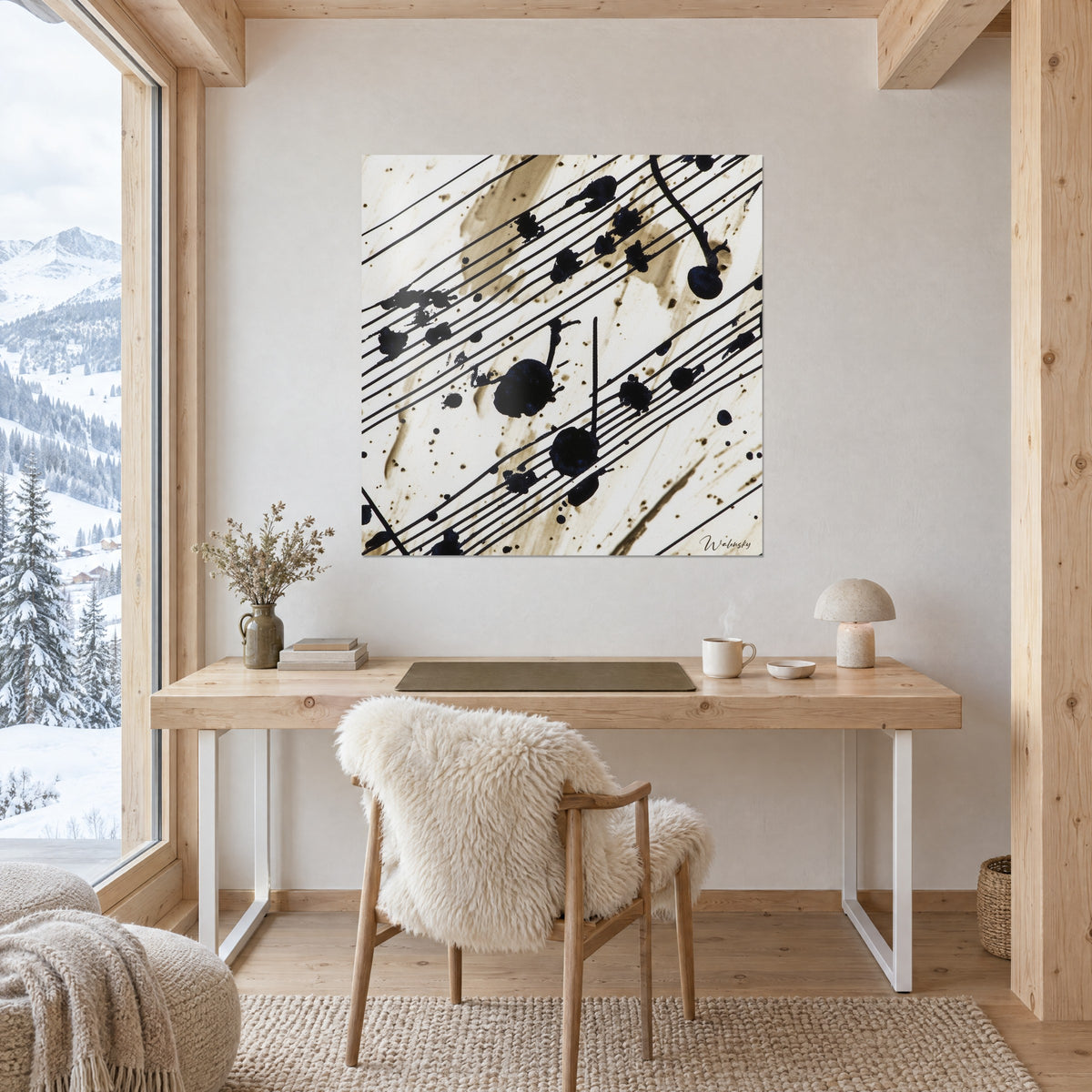 Tableau symphonie d'éclaboussures noires sur lavis beige et blanc cassé, au-dessus d'un bureau en chêne clair