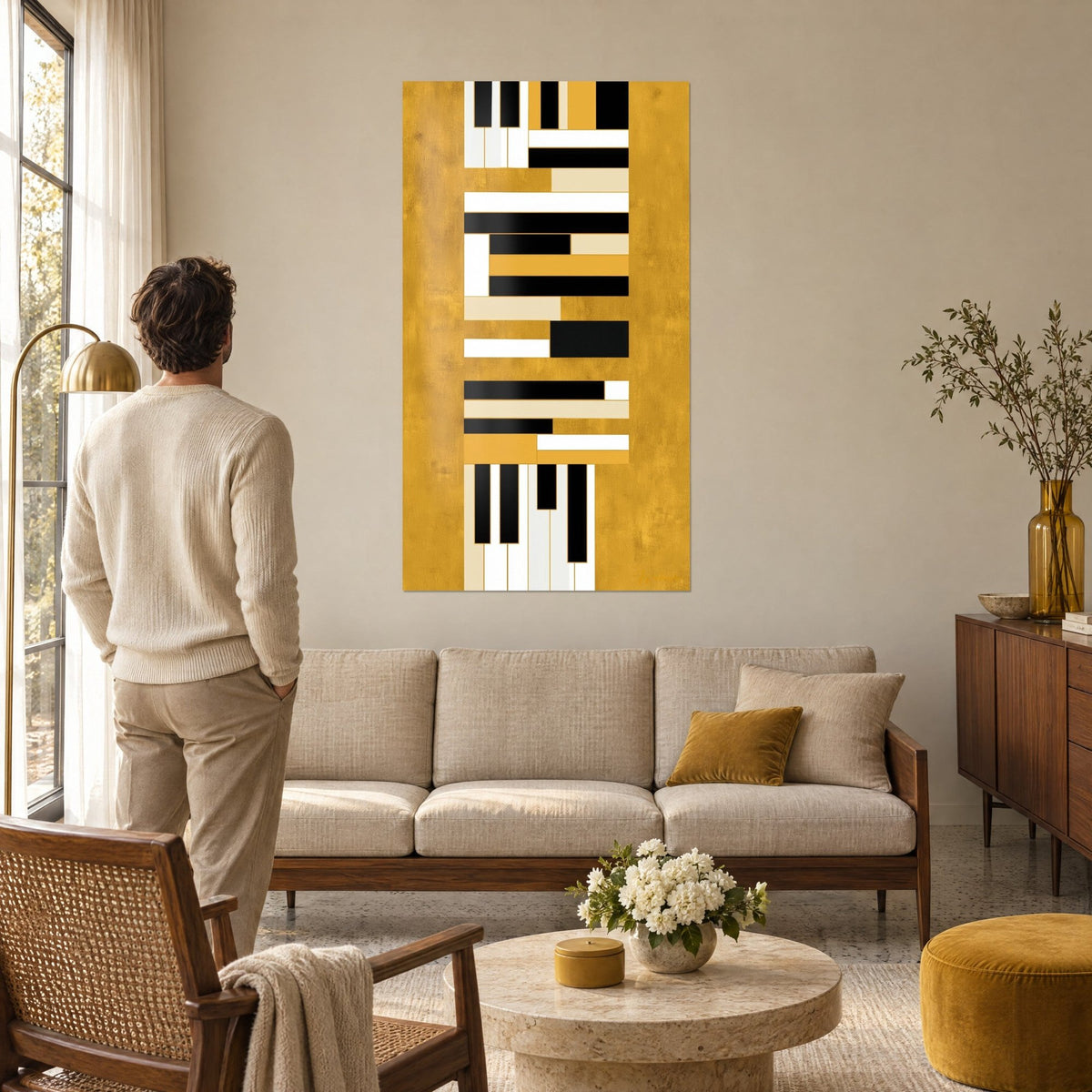 Tableau touches de piano fragmentées, bandes noires et ivoire sur fond jaune moutarde, homme de dos au-dessus d'un canapé dans un salon lumineux