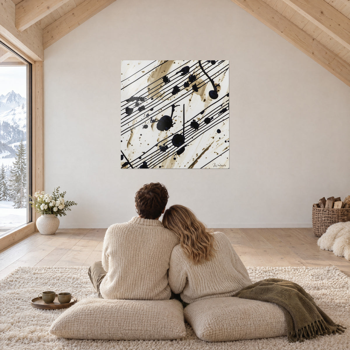 Tableau lignes de portée noires et coulures taupe sur crème, sous la charpente d'un chalet, deux silhouettes