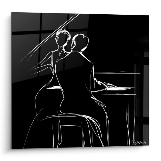 Musique en lignes blanches sur fond noir profond, deux silhouettes penchées vers un piano stylisé