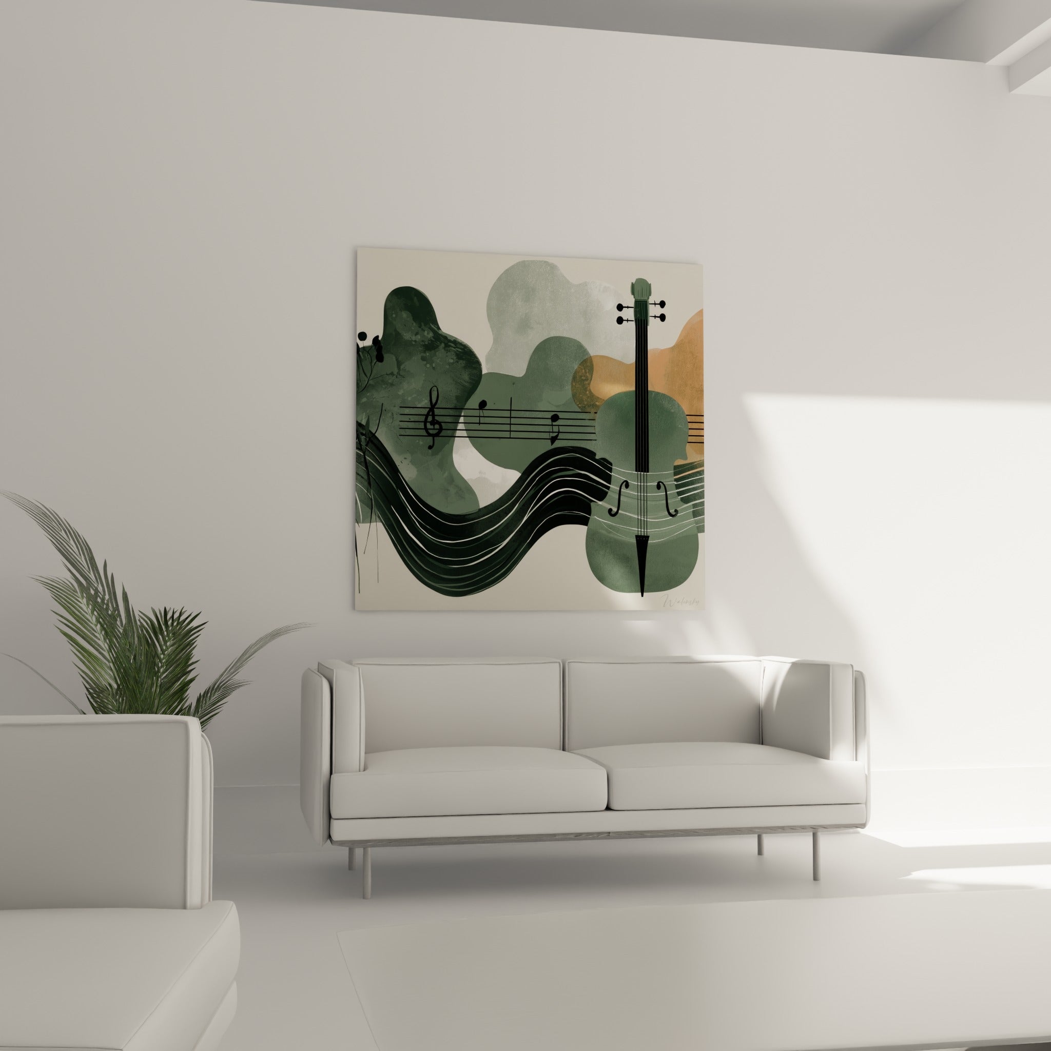 Notes de musique et silhouette de violoncelle vert sauge, disposées au-dessus d'un canapé dans un salon lumineux