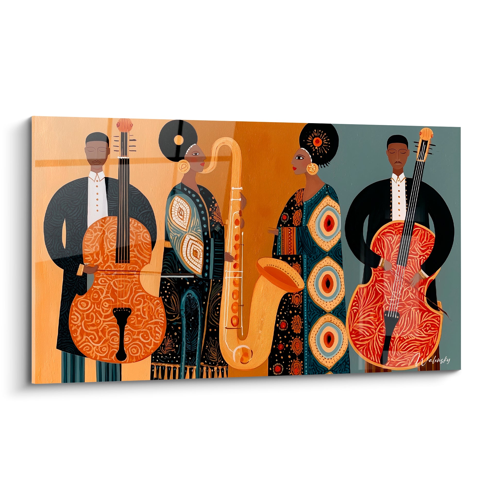 Musique en toile : quatre musiciens ocre et bleu ardoise, violoncelles et saxophone stylisés