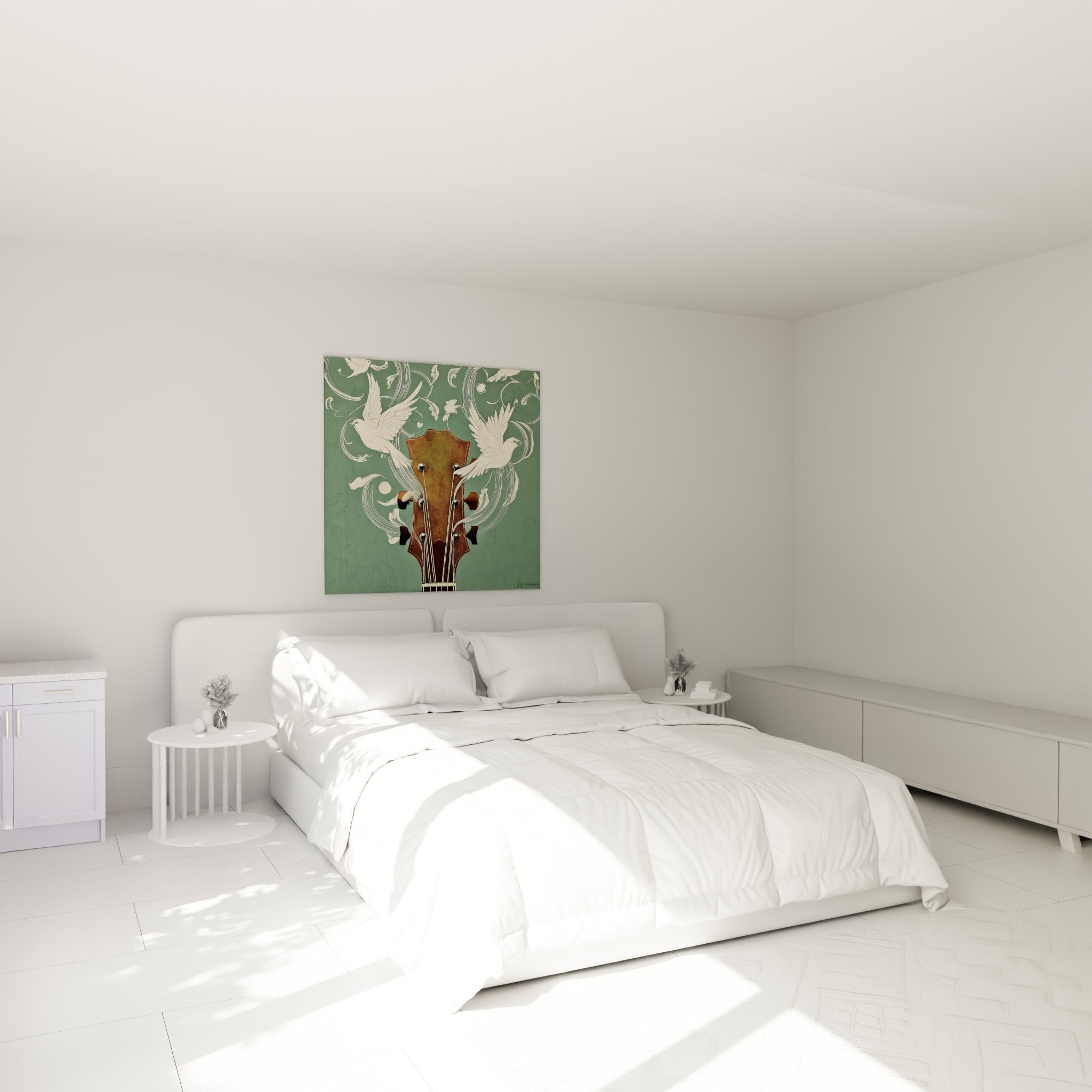 Colombes blanches jaillissant d'un manche acajou, tableau musique au-dessus d'un lit dans une chambre claire