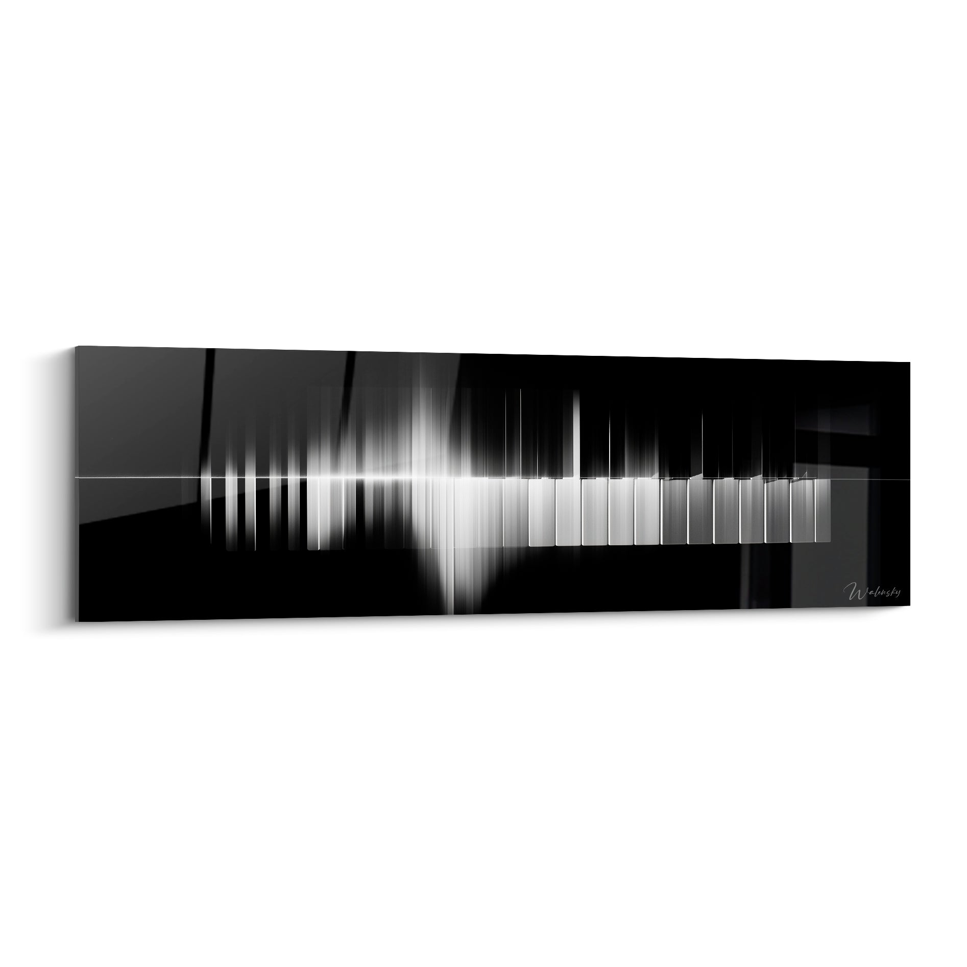 Musique en onde sonore noire et blanche, barres verticales vibrantes sur toile panoramique