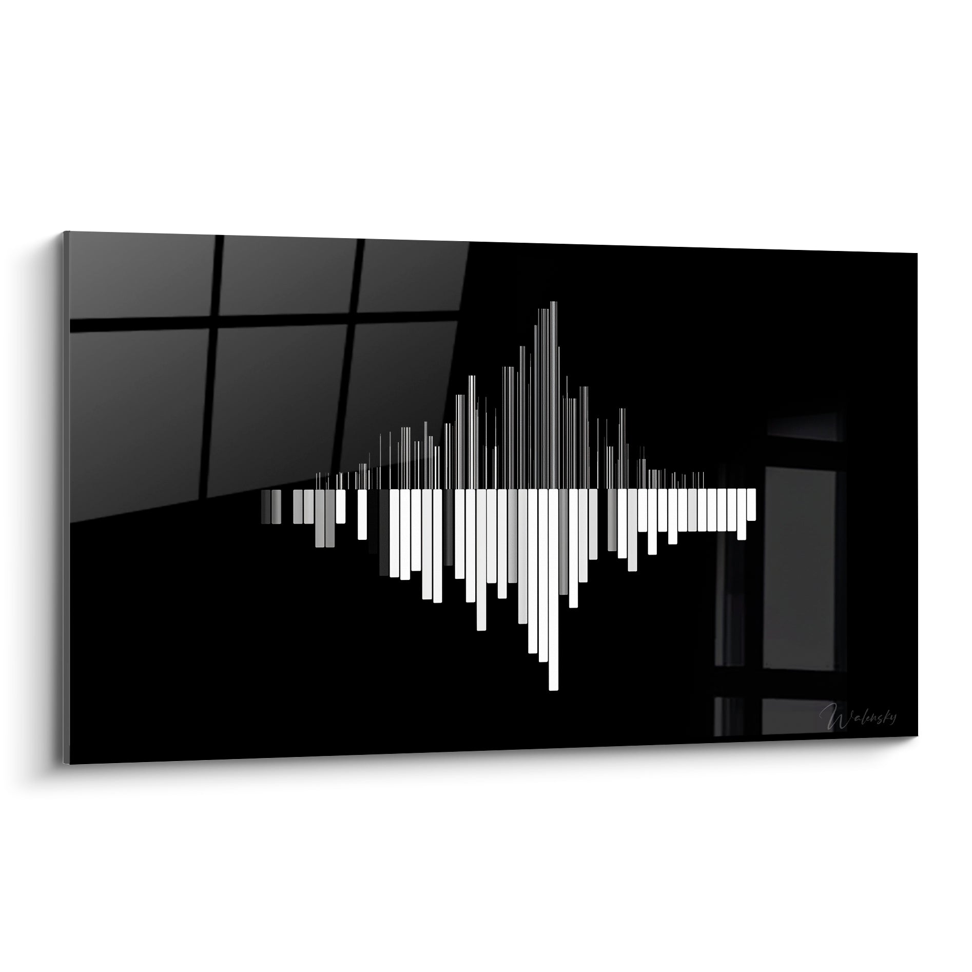 Onde sonore blanche et grise dressée sur fond noir, tableau Musique au style graphique épuré