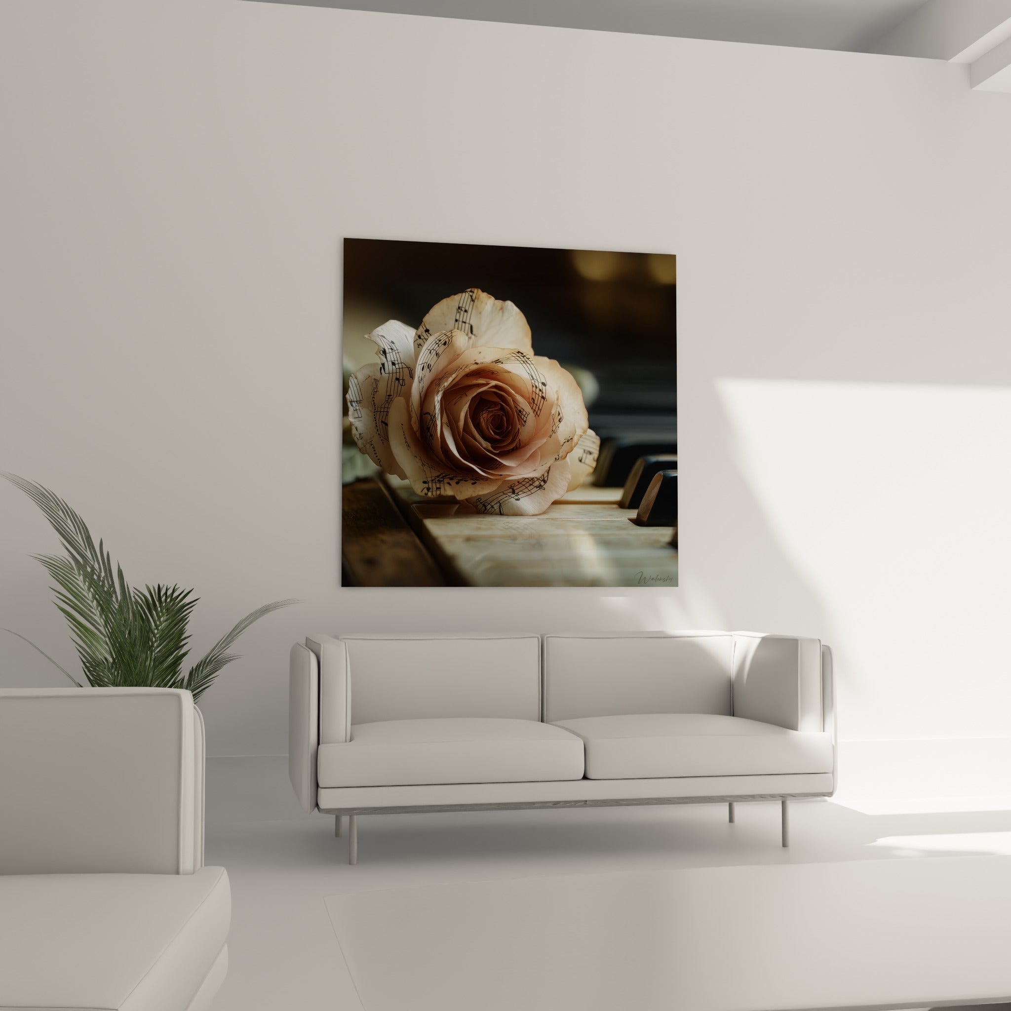 Pétales beige rosé gravés de mélodies, présentés au-dessus d'un canapé dans un salon lumineux