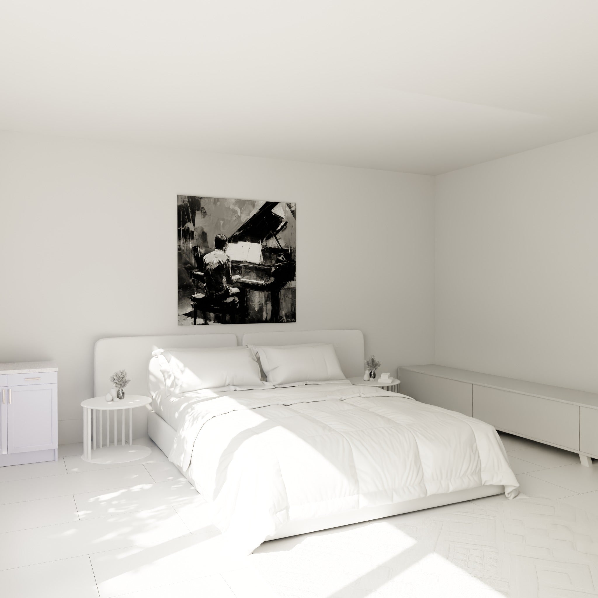 Musicien absorbé devant un piano noir et blanc anthracite, accroché au-dessus d'un lit dans une chambre claire