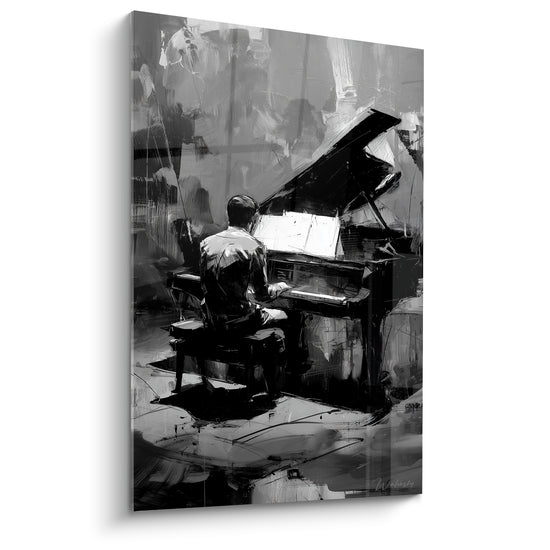 Pianiste de dos peint en noir et blanc, touches anthracite et blanches, style esquissé au piano à queue