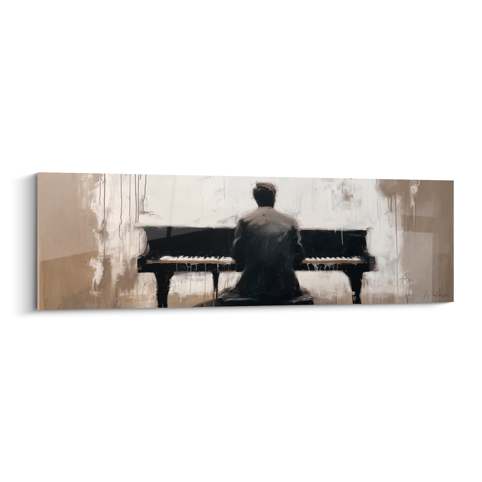 Pianiste anthracite de dos face à un piano noir, fond ivoire et beige aux coulures picturales expressives