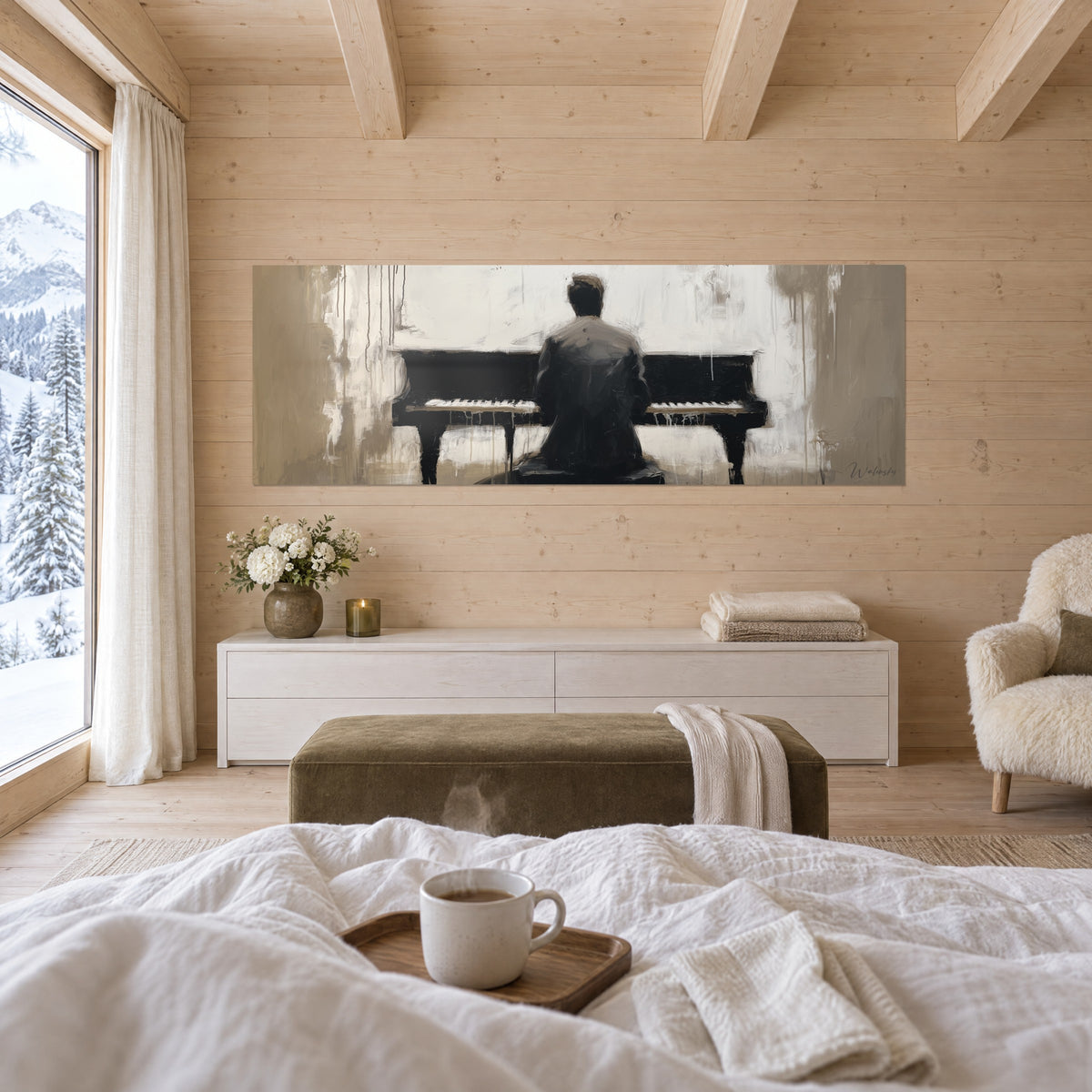 Wall art solitary performer against beige drips, deep black and ivory, above a bed in a bright bedroom