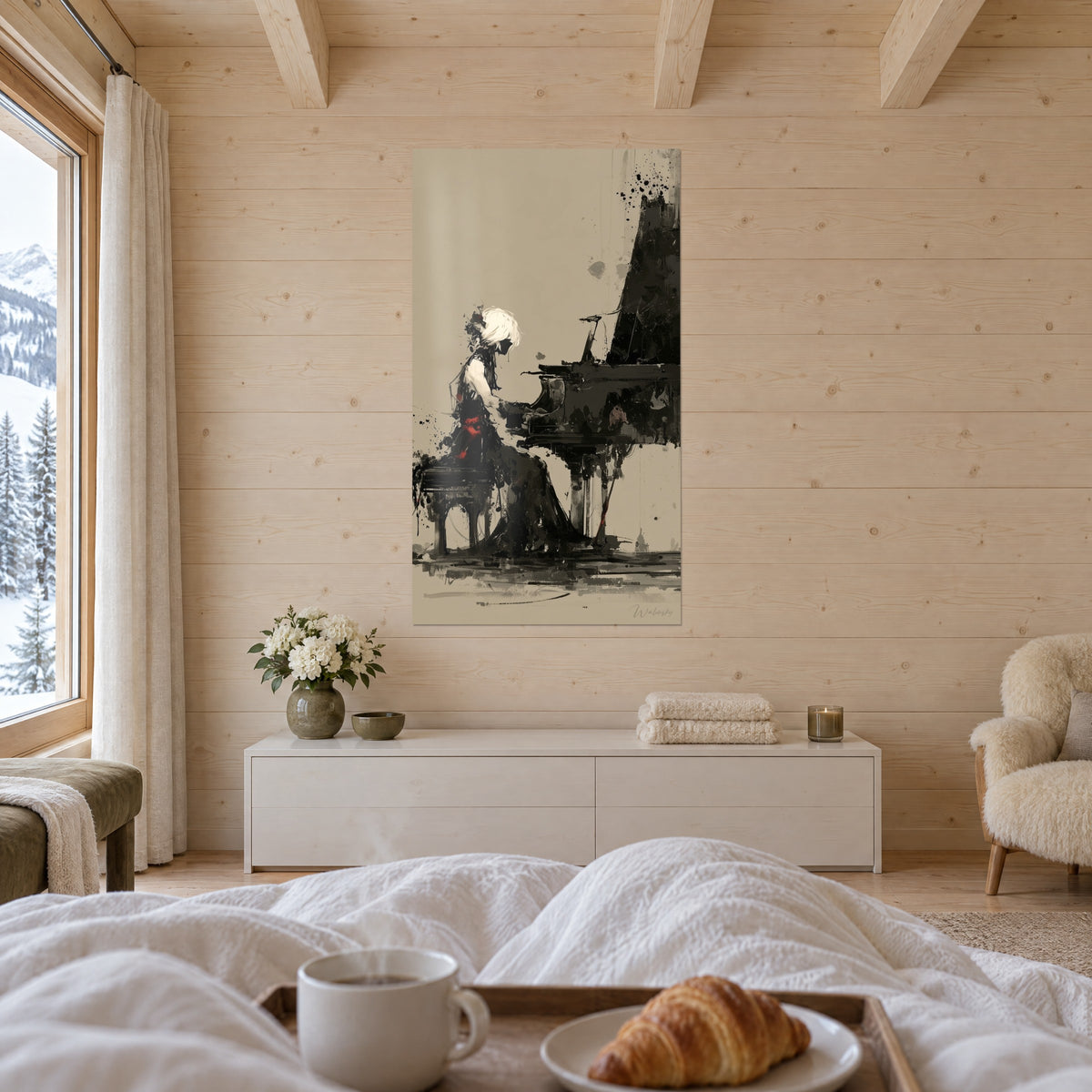 Quadro di un'interprete al pianoforte, ciocche bianche, macchia rossa in vita, inchiostro nero su beige, sopra un letto in una camera luminosa