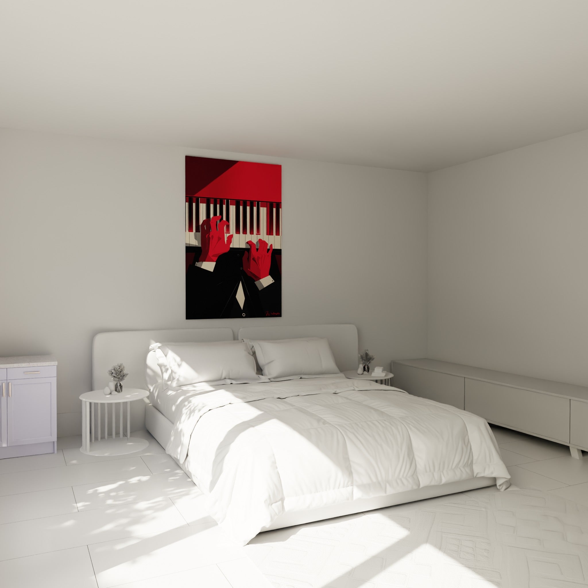 Pianiste aux mains rouge fauve sur clavier noir, tableau musique au-dessus d'un lit dans une chambre claire