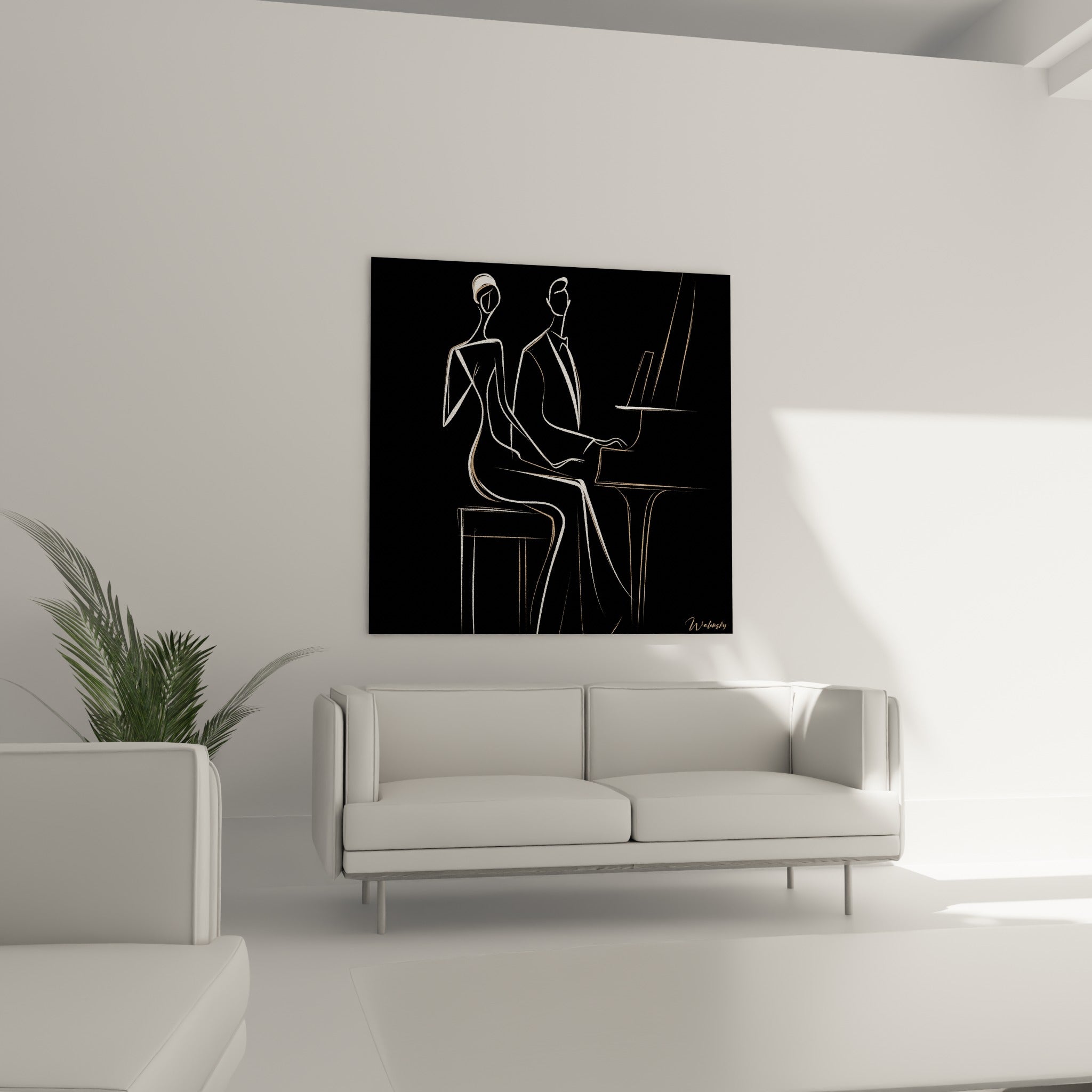 Pianiste et sa compagne en lignes dorées, tableau Musique au-dessus d'un canapé dans un salon lumineux