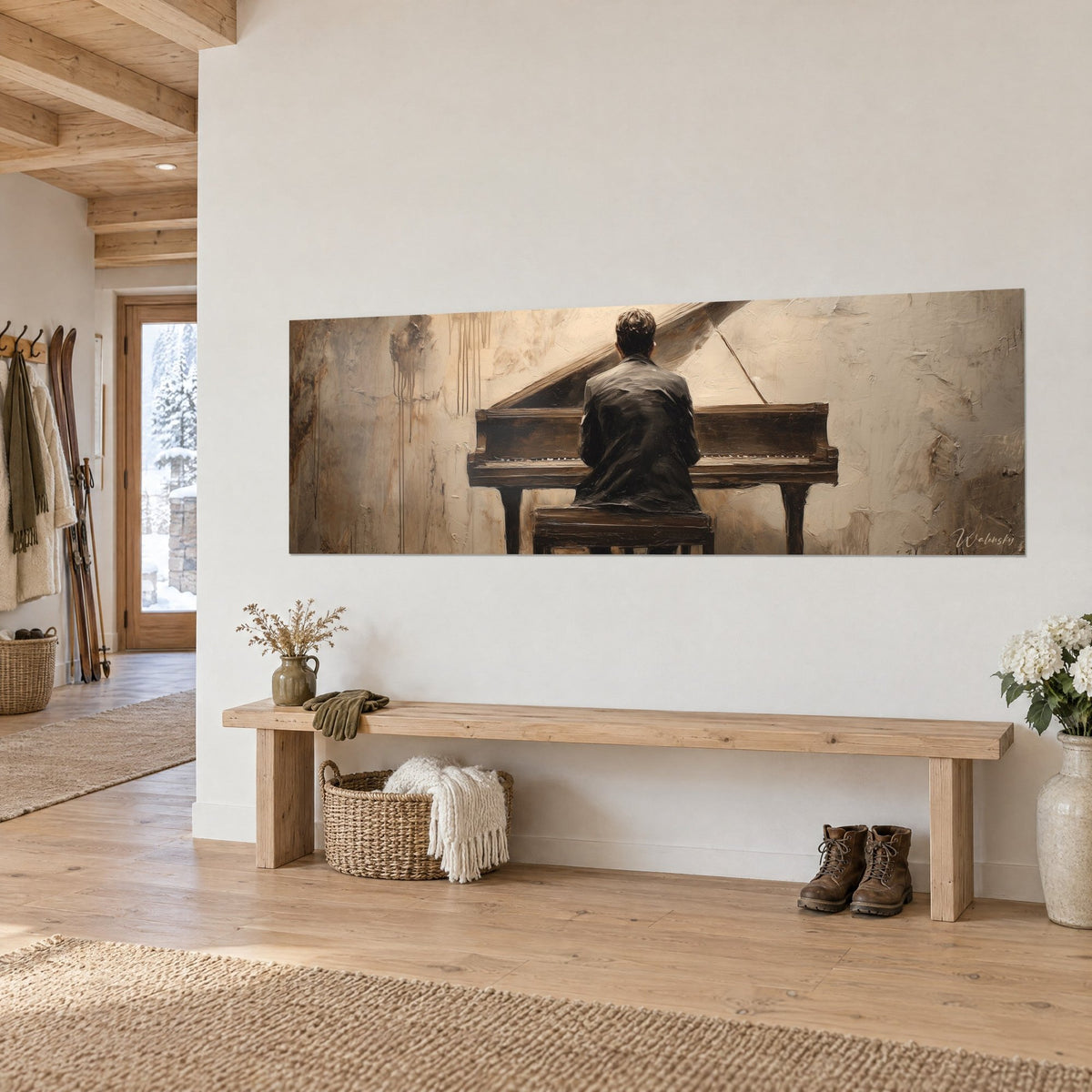 Cuadro músico inclinado sobre su teclado, chaqueta oscura, fondo beige veteado de marrón, en una pared blanca de entrada de chalet