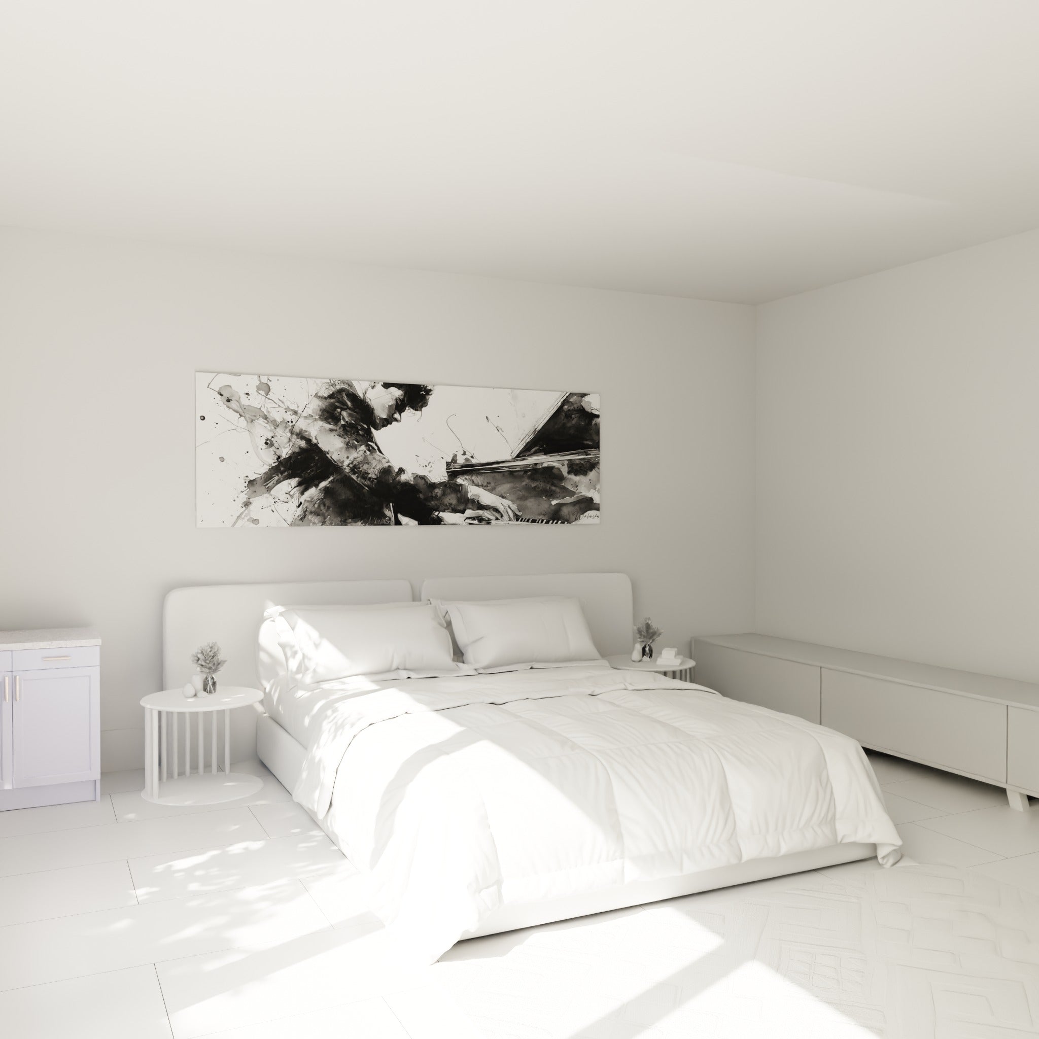 Musicien penché sur son piano, contrastes noir profond et blanc pur, au-dessus d'un lit dans une chambre claire