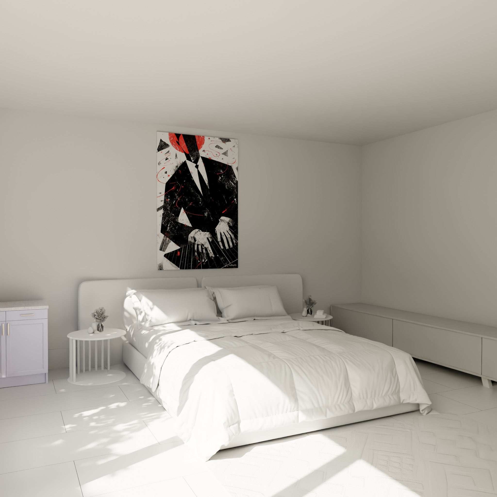 Silhouette de pianiste noir et rouge intense au-dessus d'un lit dans une chambre claire