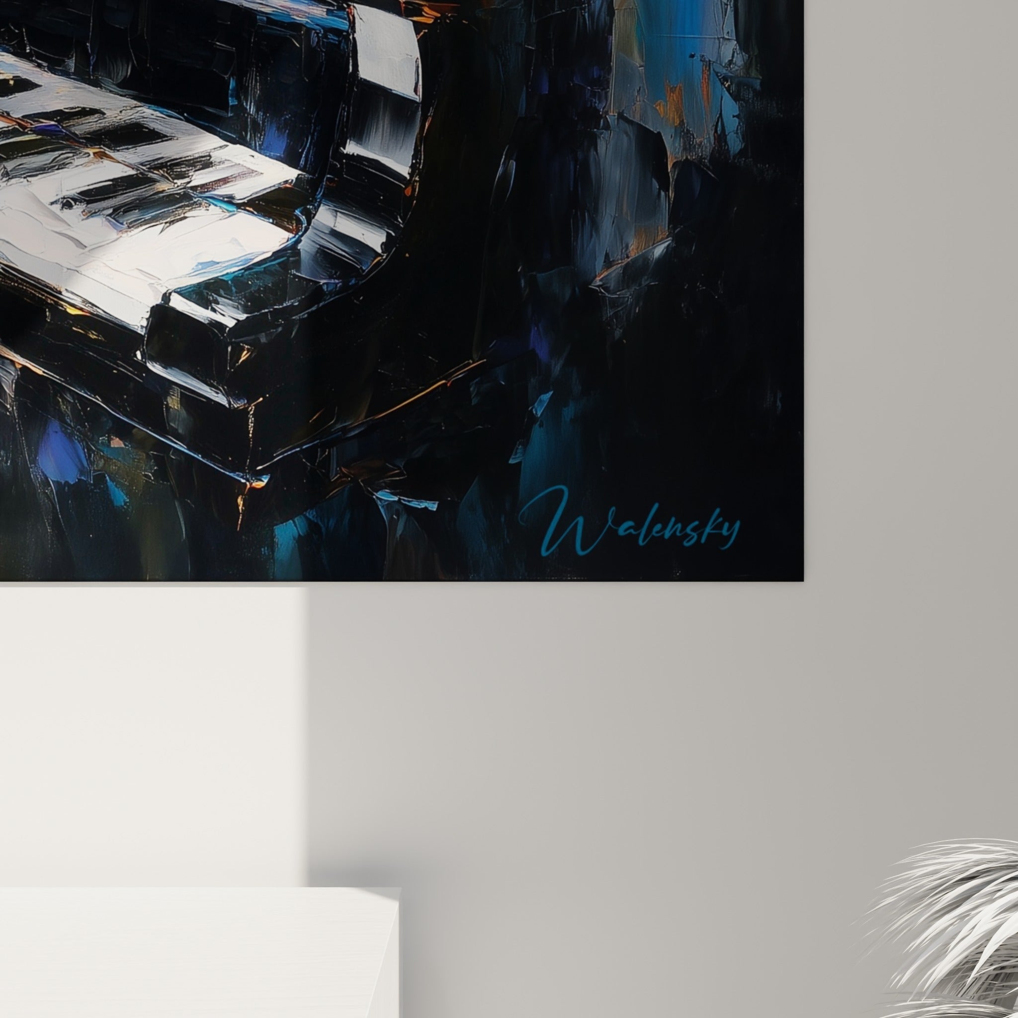Empâtements épais bleu turquoise et doré sur le tableau Musique, matière picturale visible en gros plan