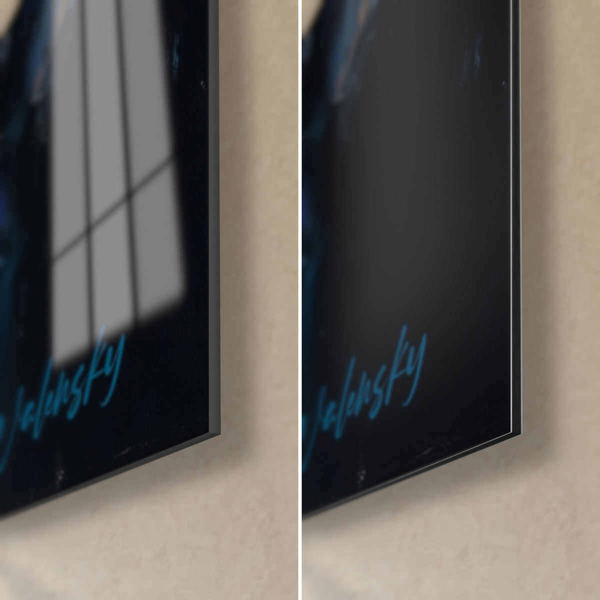 Quadro di un musicista al pianoforte, angolo in basso a destra: vetro acrilico lucido con riflessi di finestra, Dibond nero opaco, bordo da 3 mm