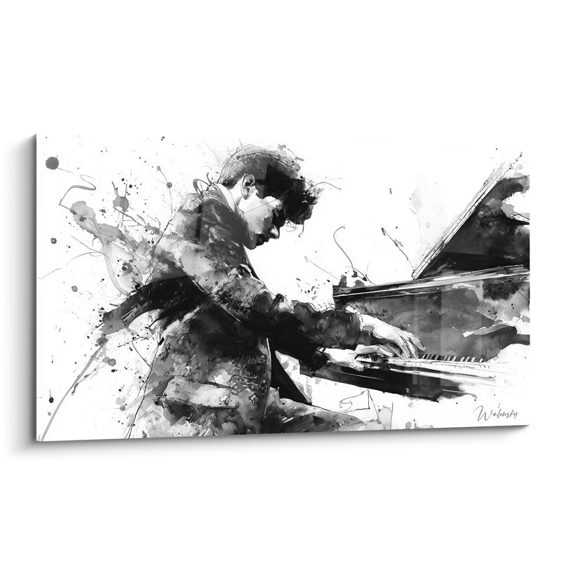 Tableau Musique noir et blanc pianiste éclaboussé encre - Veste sombre du musicien - Edition Musique