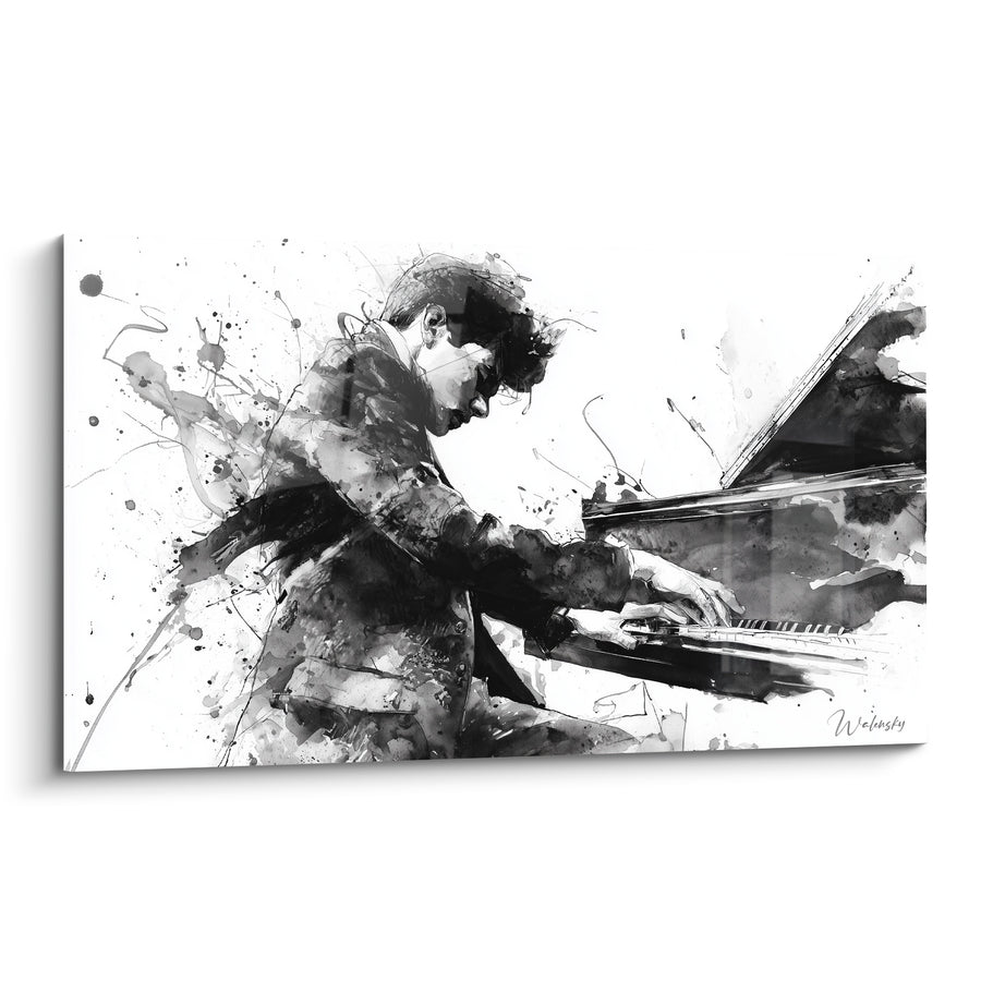 Tableau Musique noir et blanc pianiste éclaboussé encre - Veste sombre du musicien - Edition Musique