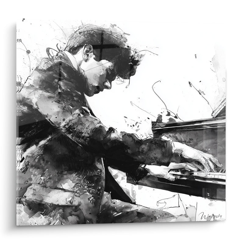 Tableau Musique pianiste noir et blanc encre éclaboussée - Transe musicale - Edition Musique